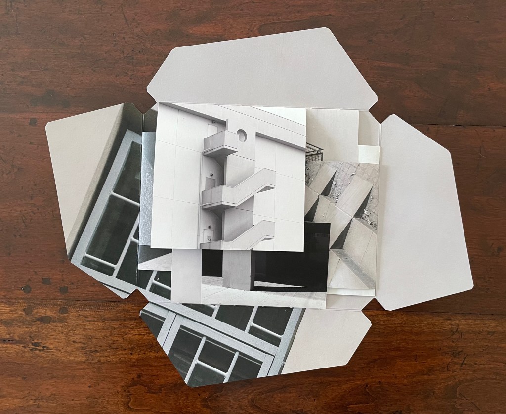 A collection of black and white architectural photographs arranged on a wooden surface, showcasing various building elements and textures.