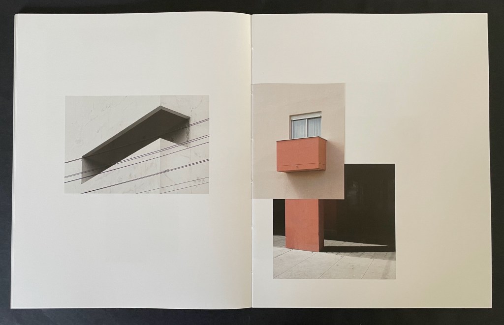 A minimalist layout featuring images of architectural elements, including a projecting ledge and a small red balcony, arranged on a white background.