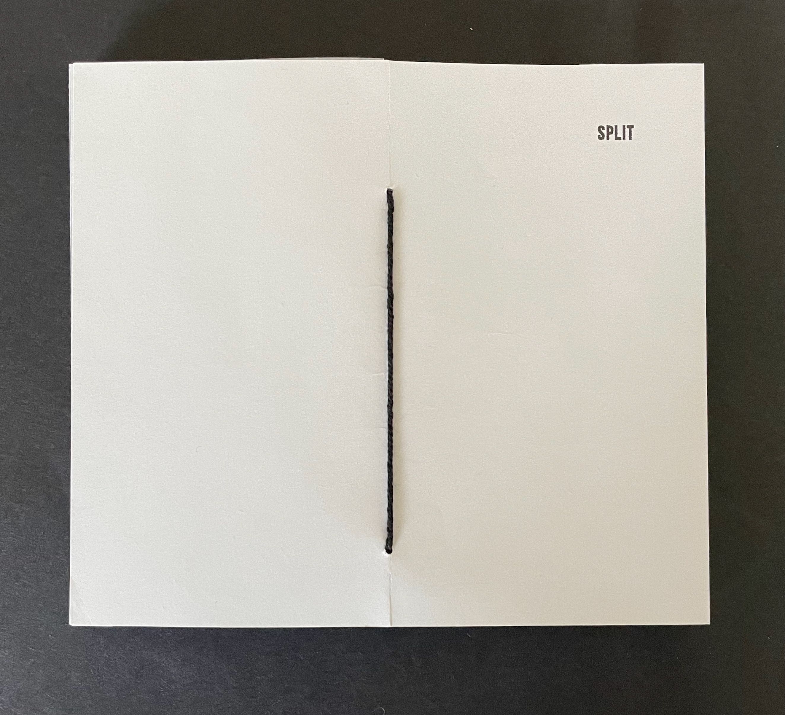 A view of a closed booklet with a black string binding, labeled 'SPLIT' on the cover.