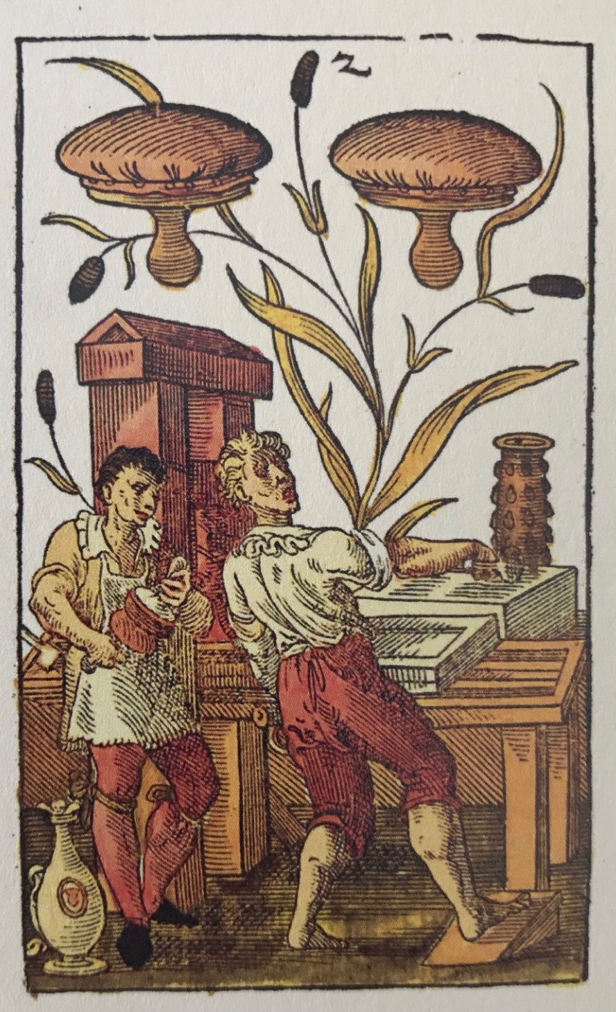 A vintage illustrated print showing two men engaged in a printing process, featuring a press and decorative plants above them.