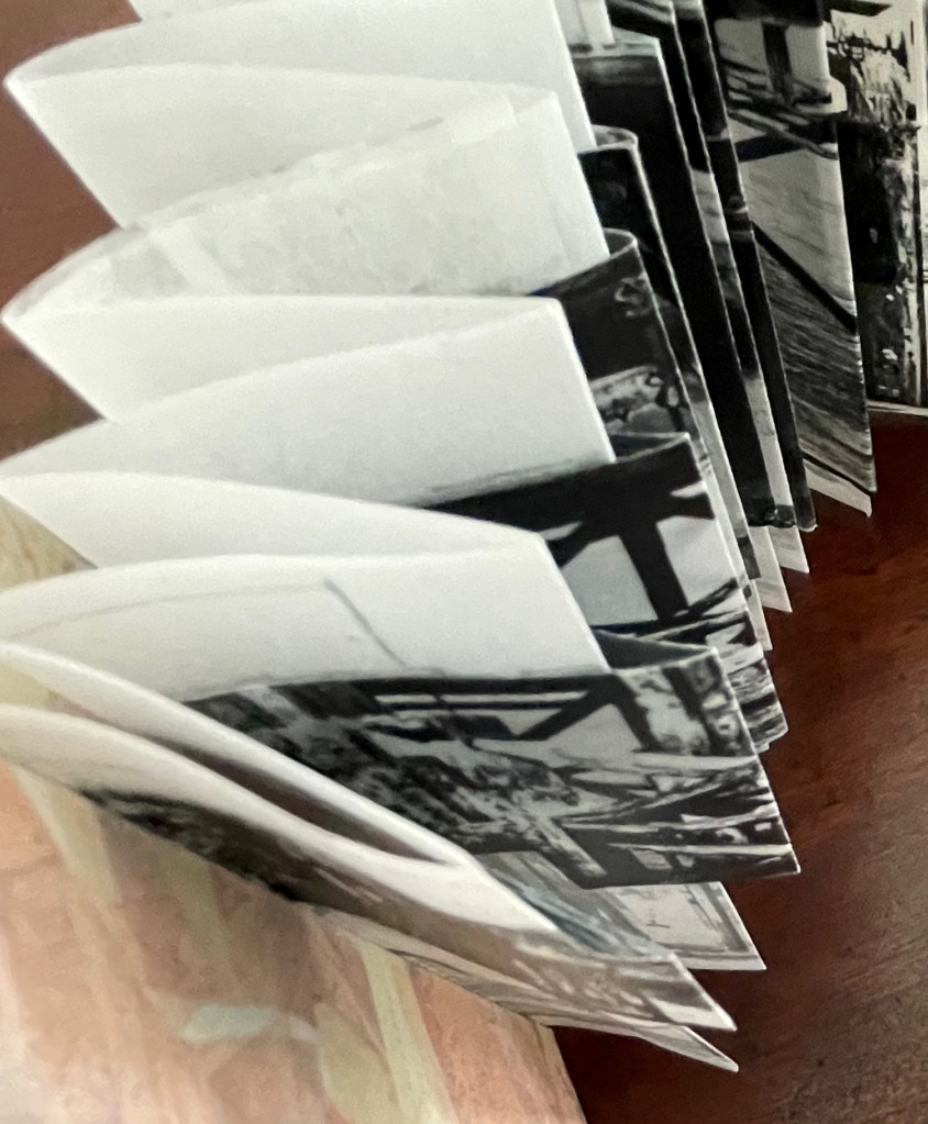 A close-up image of a fanned-out stack of black and white photographs, showcasing various historical scenes and details.