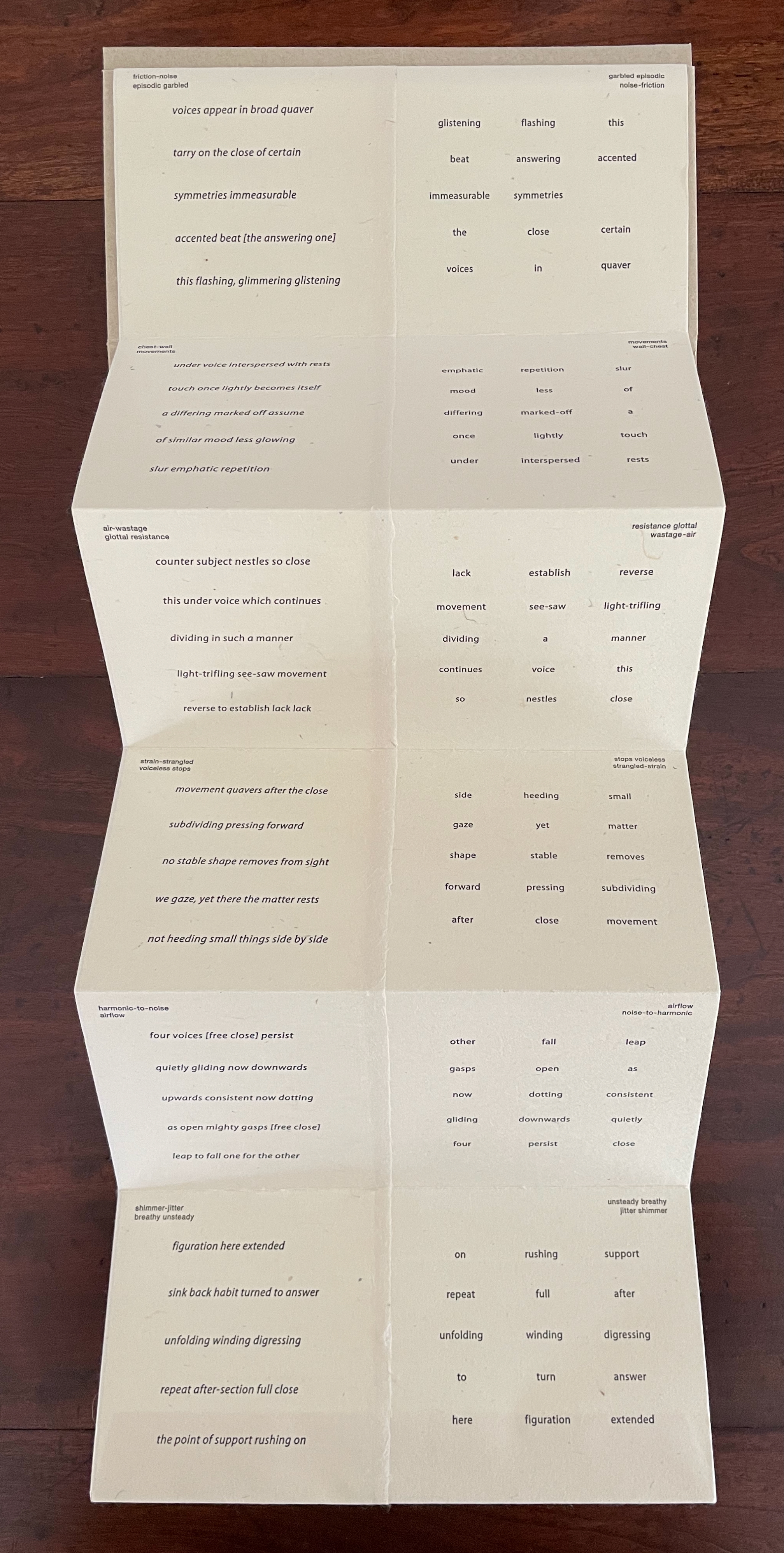 An open, folded page containing abstract text arranged in various patterns, featuring phrases about sounds and movement, with a minimalist design on a light background.