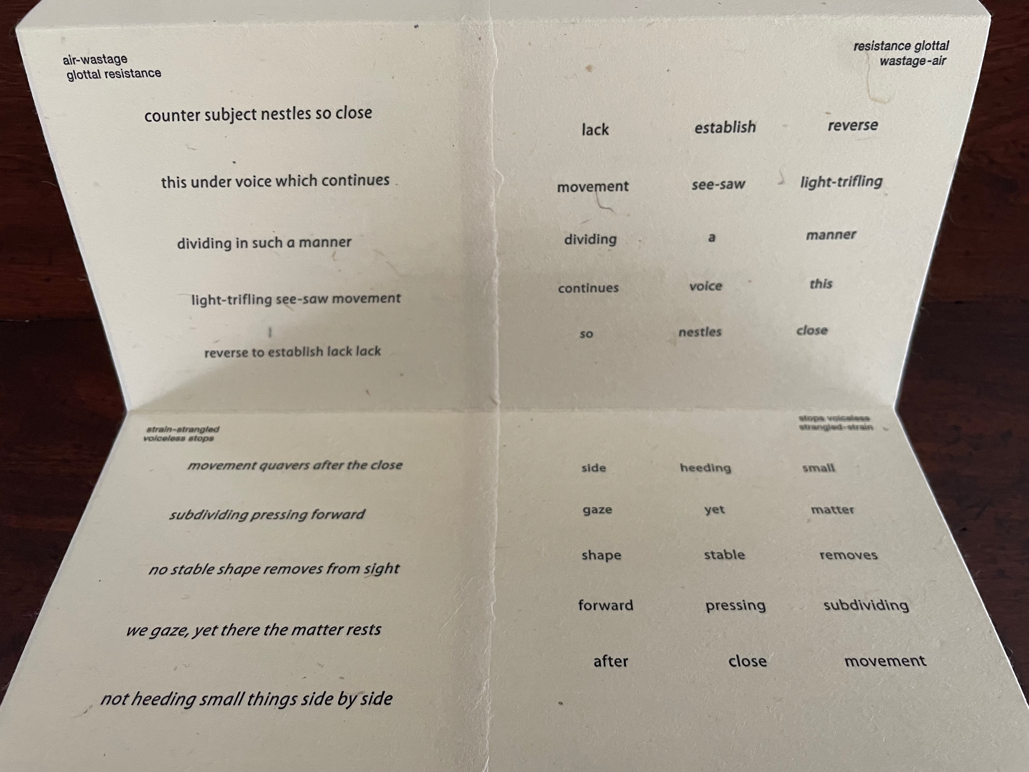 A close-up of an open booklet with printed text, featuring phrases and words arranged artistically on two pages, including 'counter subject nestles so close' and 'movement quavers after the close'.