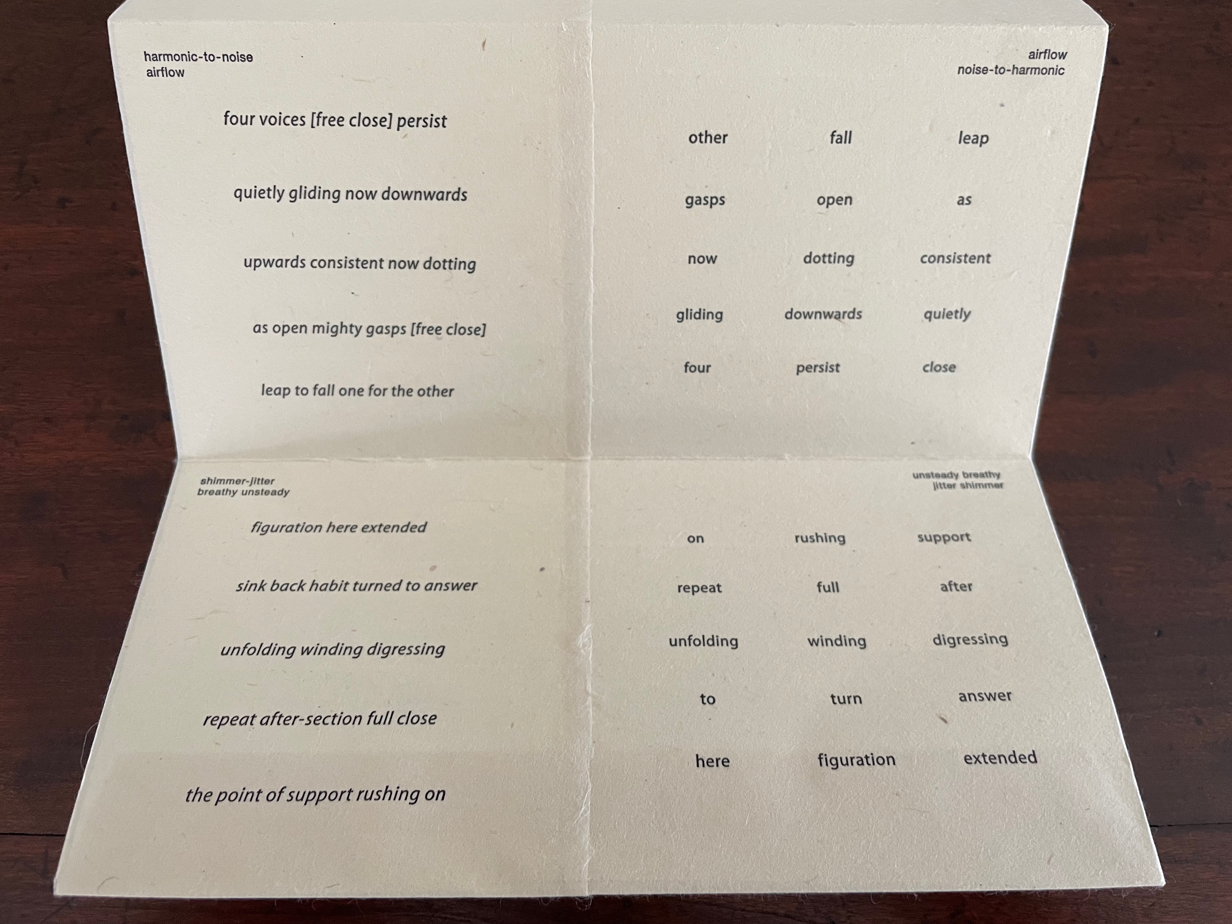 An open booklet displaying abstract poetry, with verses organized in a grid format. The text explores themes of voice, movement, and support, printed on textured paper.