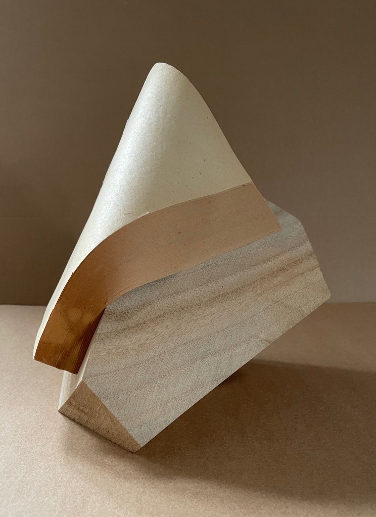 A sculptural book design featuring a curved layer of paper resting on a wooden block, showcasing a blend of natural textures and forms.