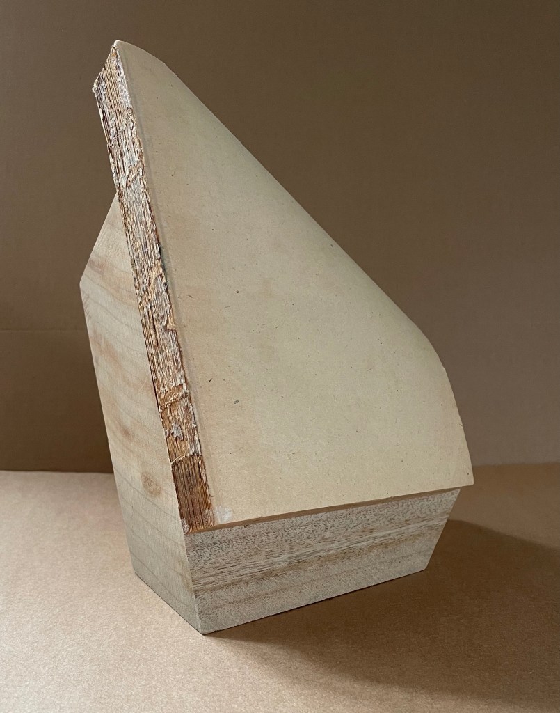Artistic sculpture of a book made from a camphor wood block, shaped with angular planes and a smooth, sealed edge, displayed against a neutral background.