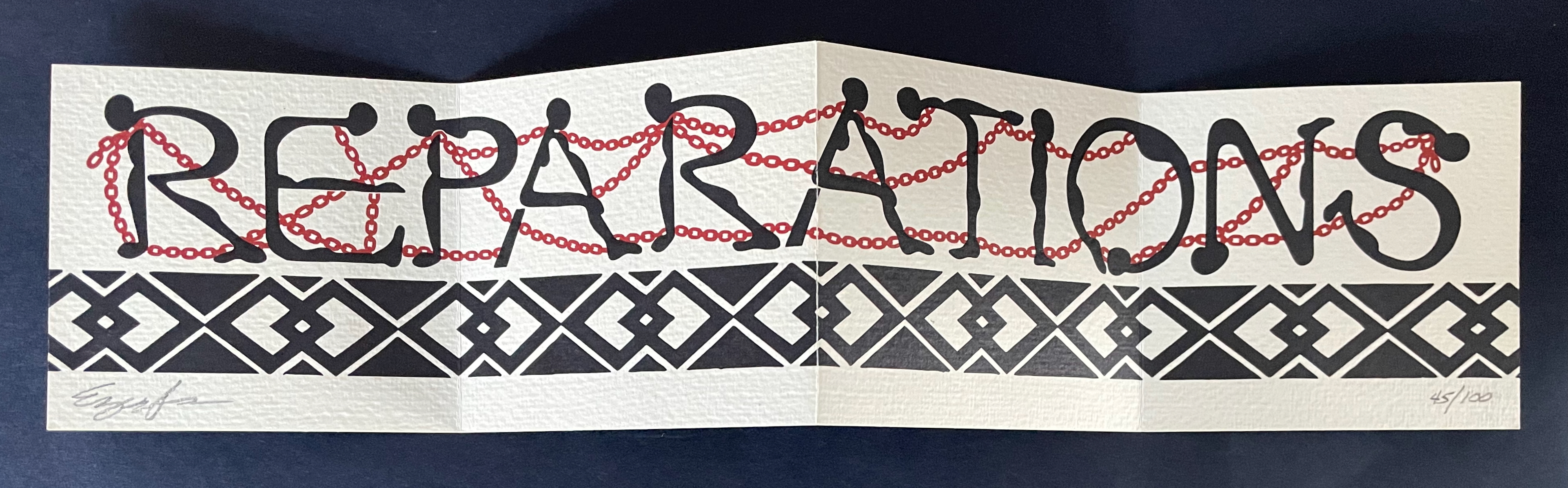Art piece featuring the word 'REPARATIONS' in bold black letters entwined with red chains, set against a textured background with a black patterned border.