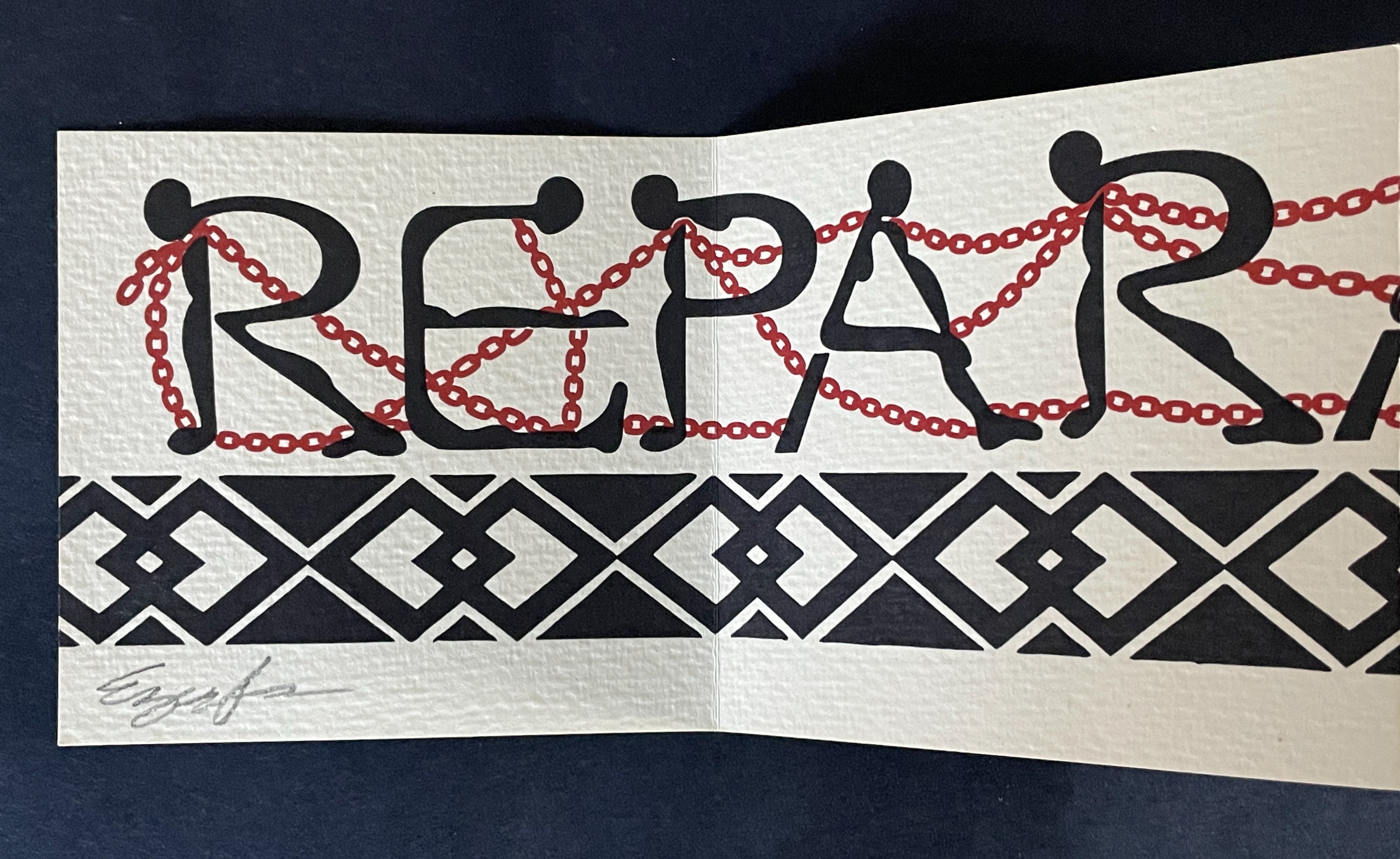 Artistic representation of the word 'REPARATIONS' with stylized figures and red chains, accompanied by a geometric black pattern at the bottom.