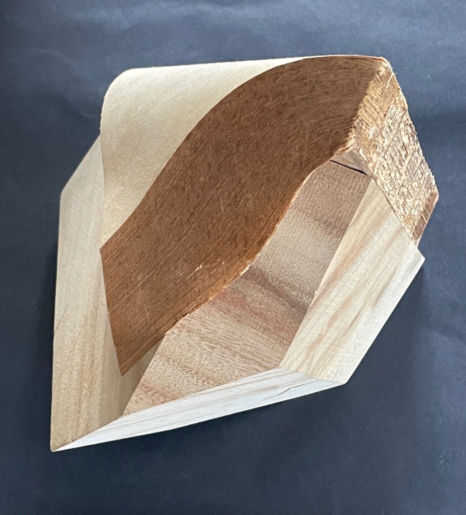 An artistic representation of a sculpted camphor wood book block, featuring smooth edges and a layered design.
