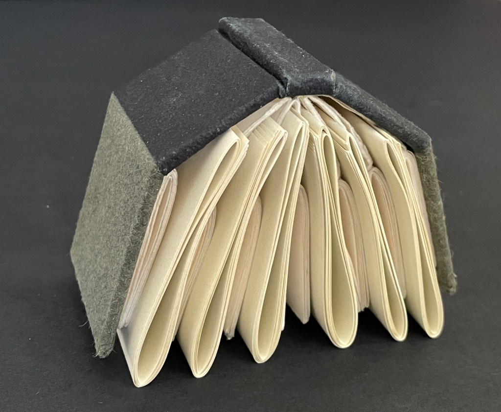 A small, creative book with a unique shape, featuring a black and gray cover and several blank pages, set against a dark background.