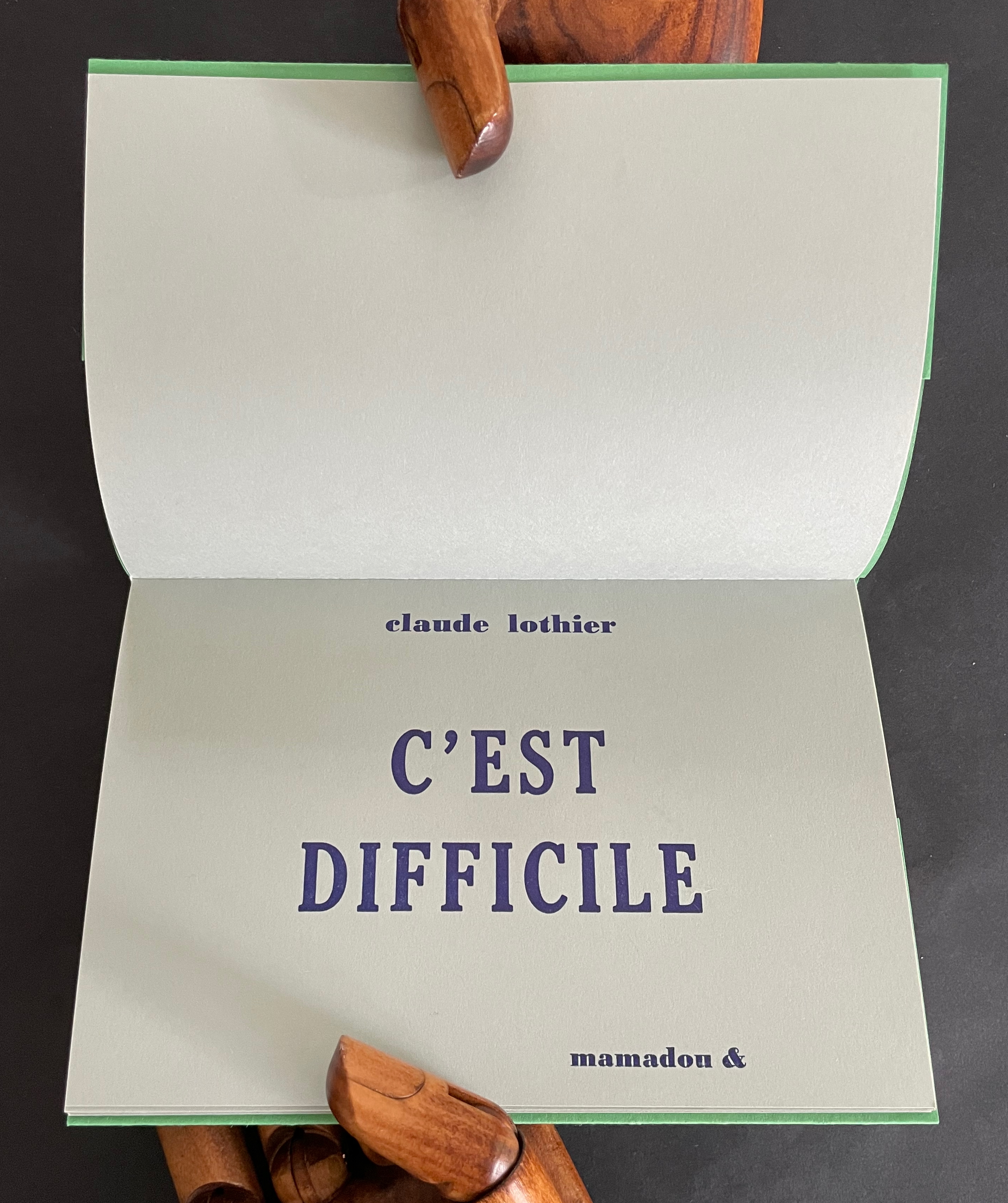 Open book displaying the title page with the text 'claude lothier C'est difficile mamadou &' on a pale green background.