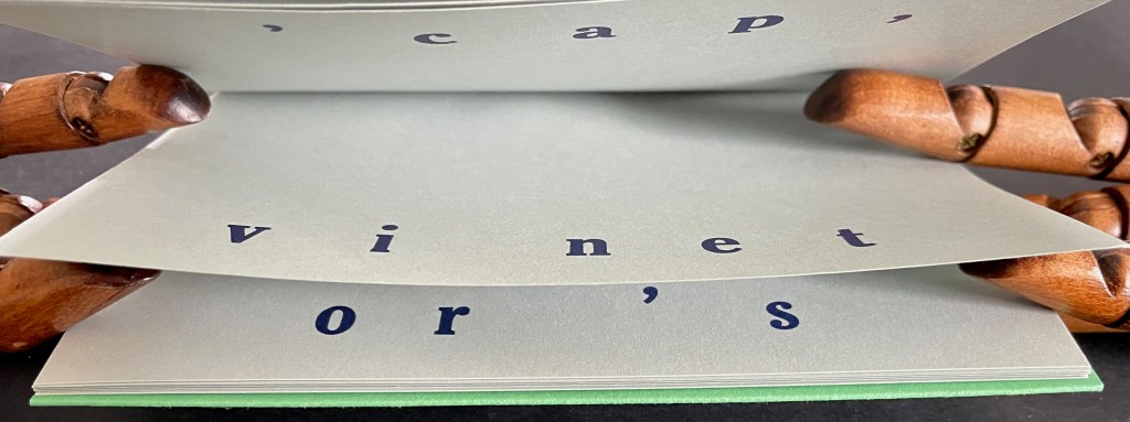 A close-up view of a book with pages partially flipped, displaying the words 'cap,' 'vinet,' and 'or's' in blue font on light green pages, with wooden hands holding the pages.