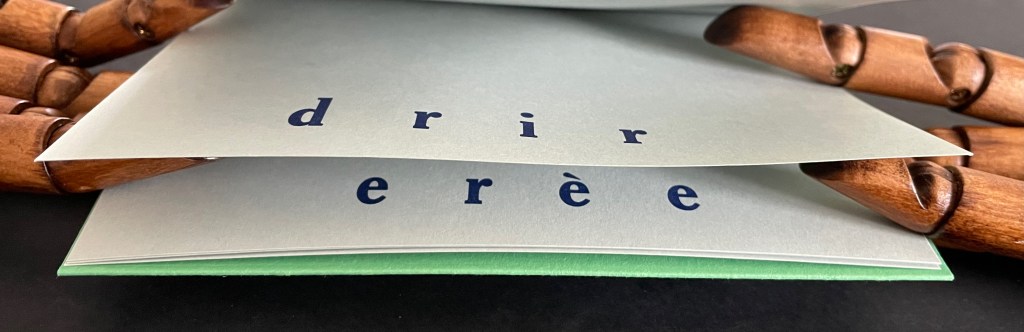 Close-up of stacked cards with the letters 'd r i r e è' printed on them, surrounded by wooden beads against a black background.