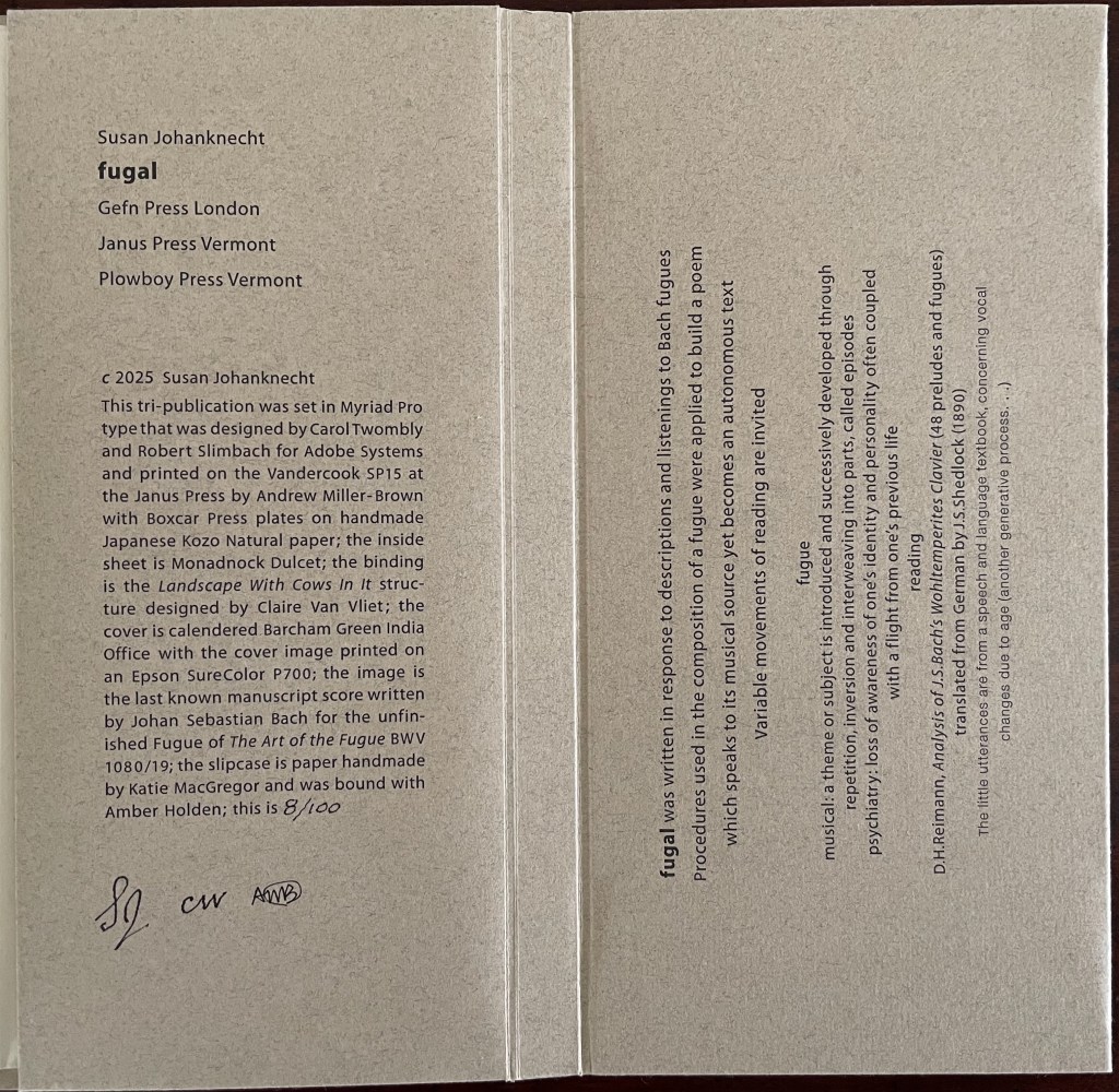 An open booklet titled 'fugal' by Susan Johanknecht, showcasing details about its publication, design, and the connection to musical themes.