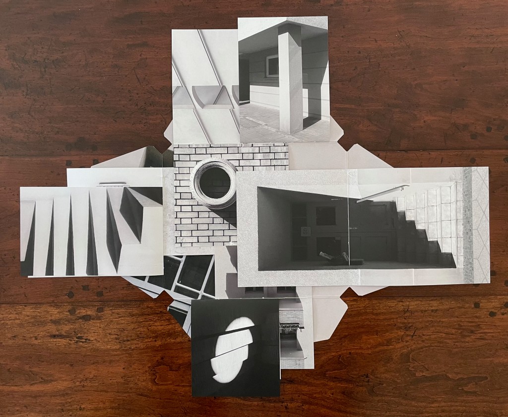 A collage of black and white architectural photographs arranged on a wooden surface, showcasing various structural elements such as stairs, windows, and walls.