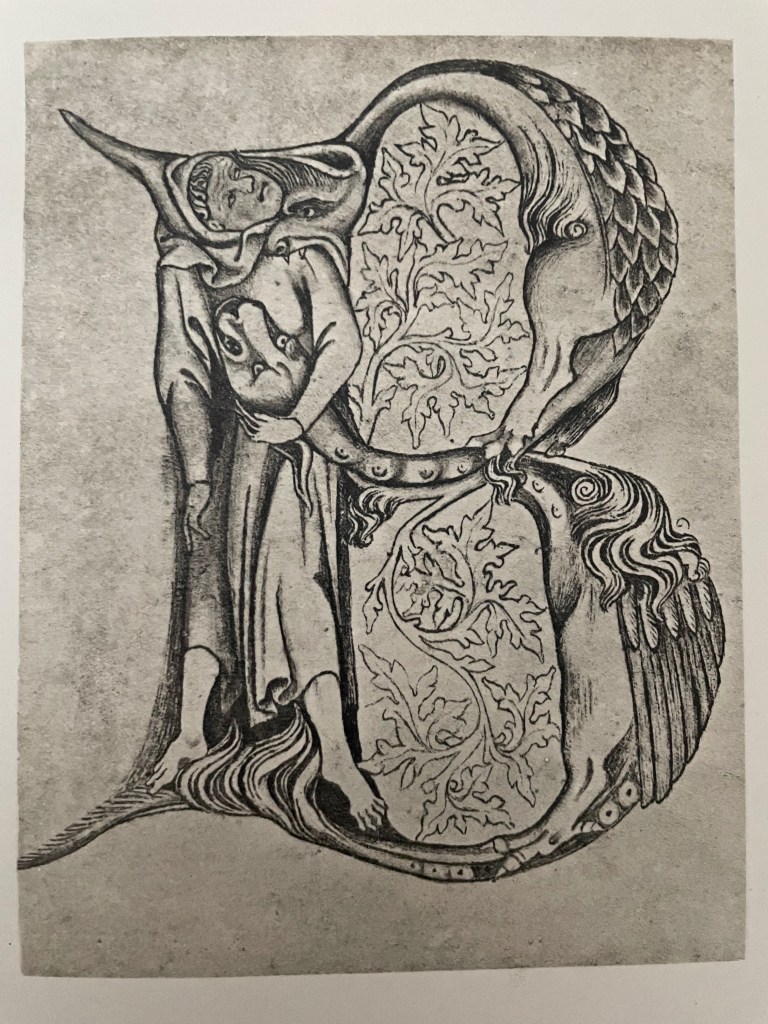 A medieval illustration featuring a figure in a robe holding a small object, surrounded by intricate leaf patterns and stylized animal forms, including a winged creature.