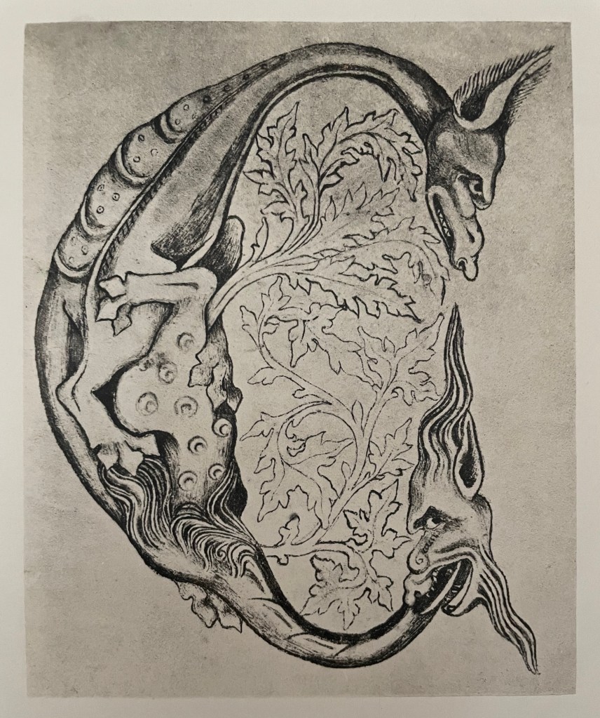 Illustration of two mythical creatures intertwined, featuring one resembling a dragon and the other a fantastical beast, with intricate plant motifs in the center.