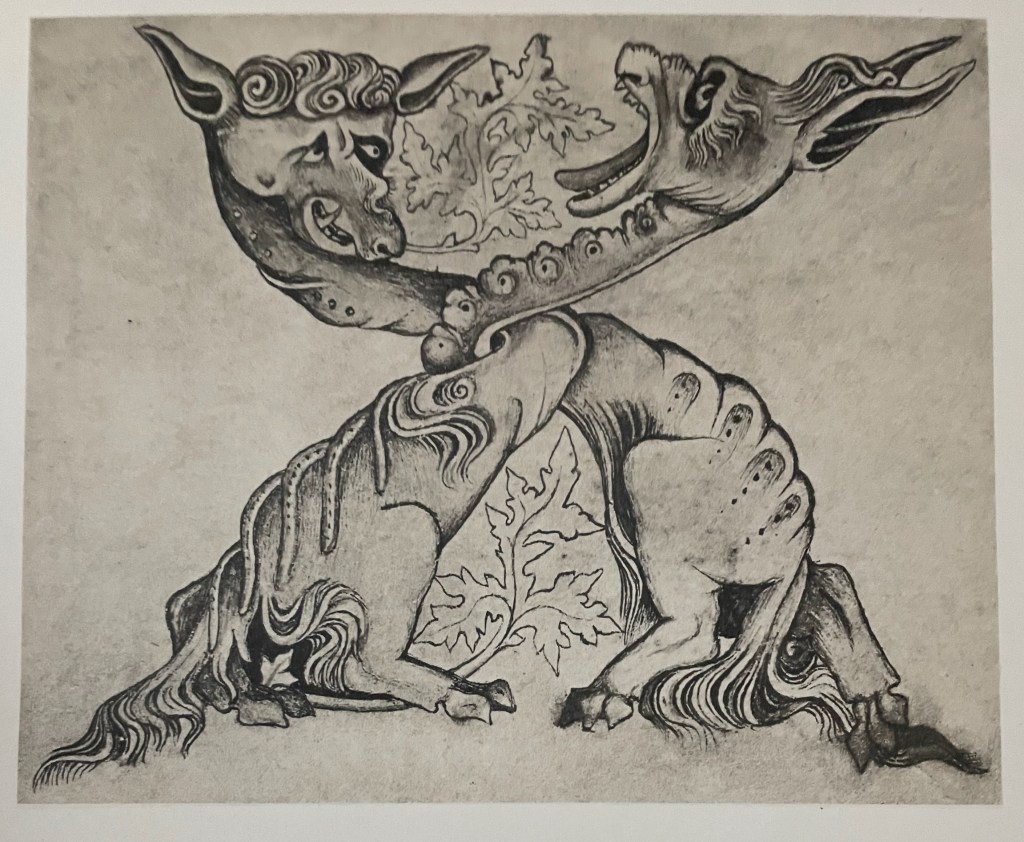 An artistic depiction of two intertwined mythical creatures with stylized features, engaged in a playful interaction, surrounded by foliage.