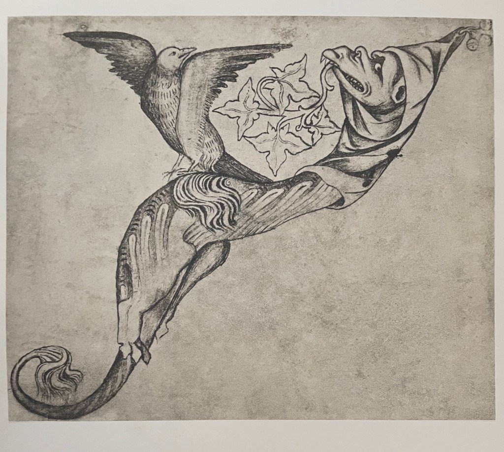 A surreal illustration featuring a bird flying above a fantastical creature with human features, adorned with a hat. The creature is entwined with ivy leaves and intricate patterns on its body.