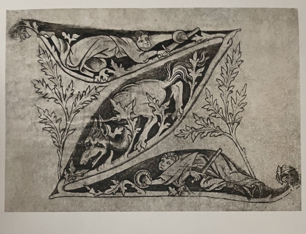 An intricate medieval illustration featuring three figures: a reclining person, a horse, and a dog, surrounded by decorative foliage.