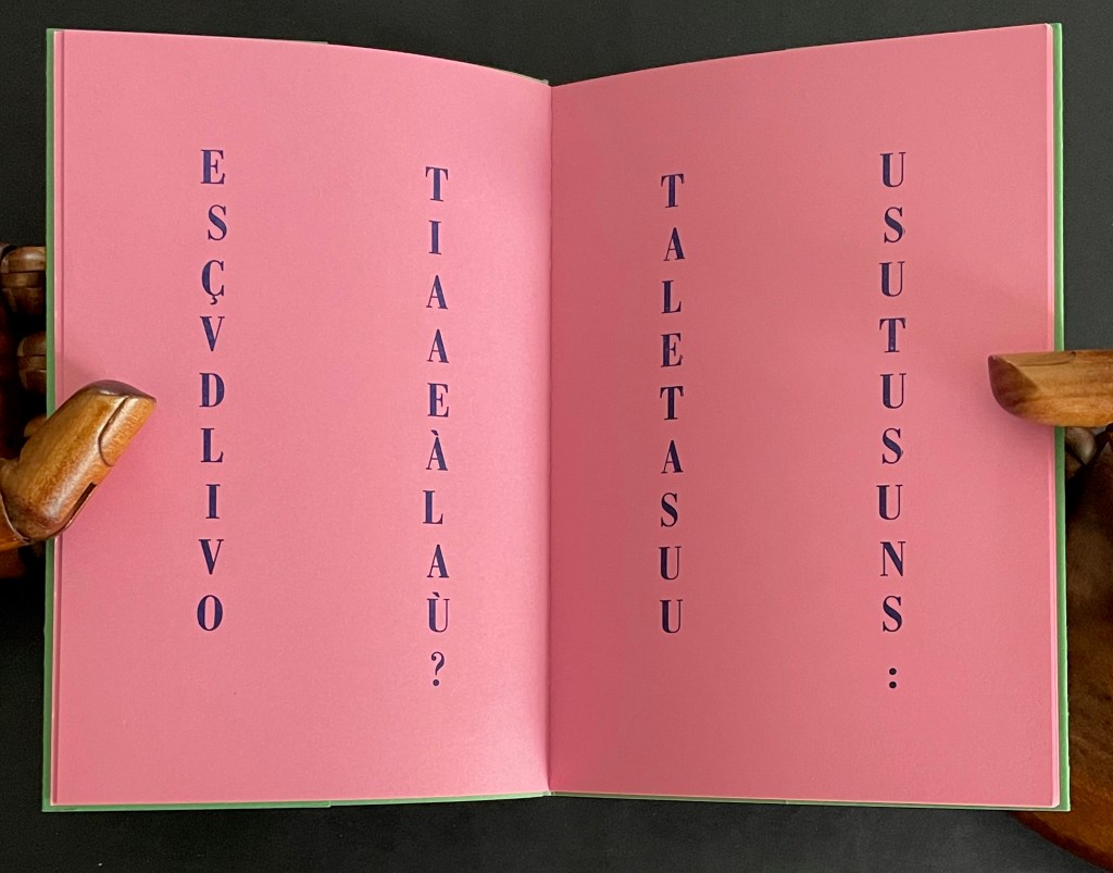 Open book with pink pages displaying text in a stylized font.