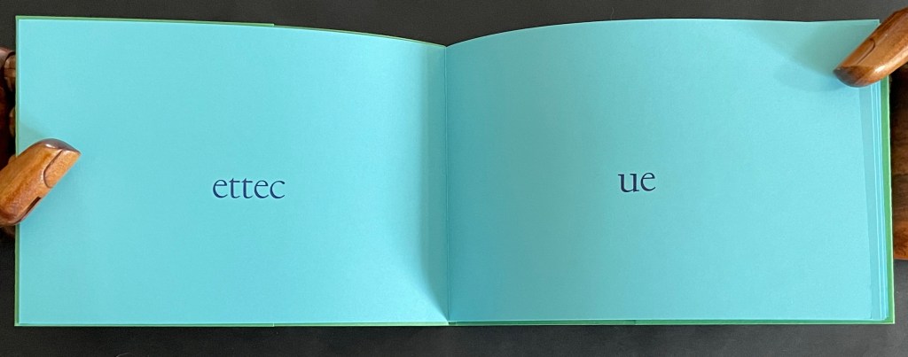 An open book with turquoise pages displaying the words 'ettec' on the left page and 'ue' on the right page.