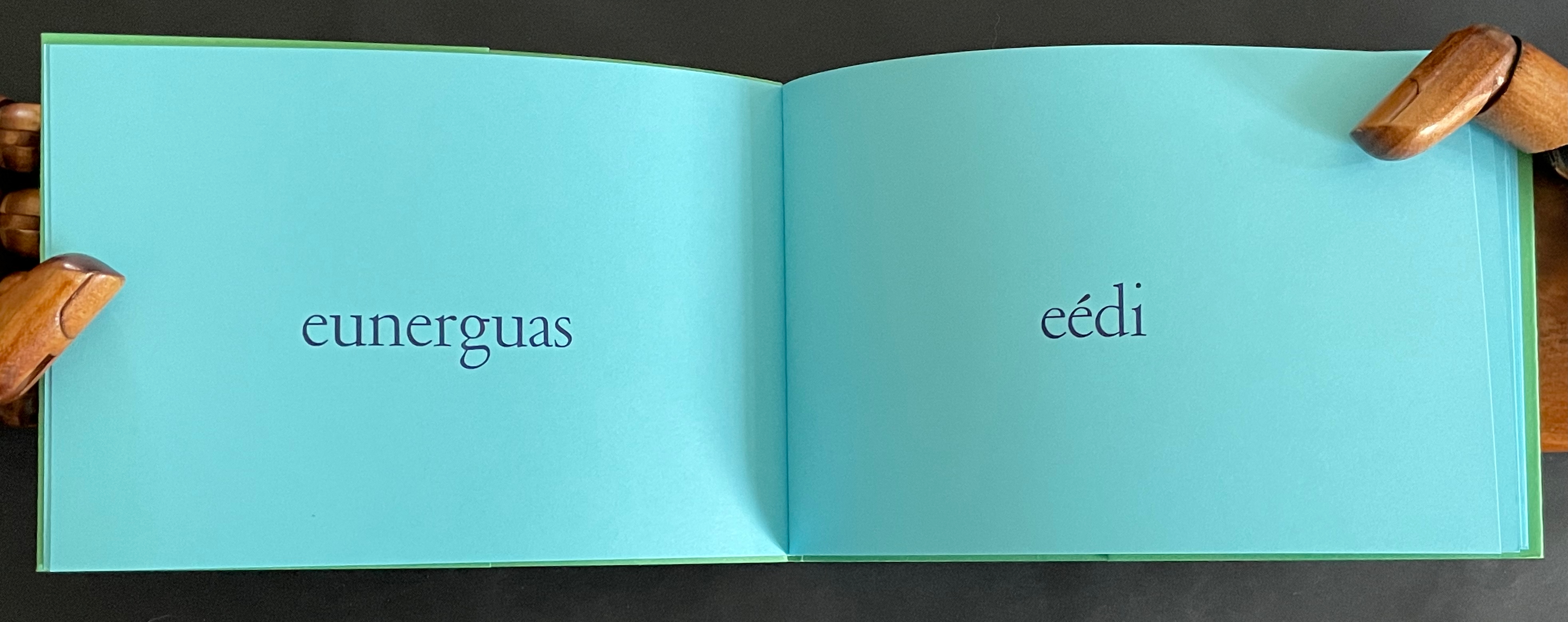 Open book pages with the words 'eunerguas' and 'eédi' printed in dark blue on light blue background.