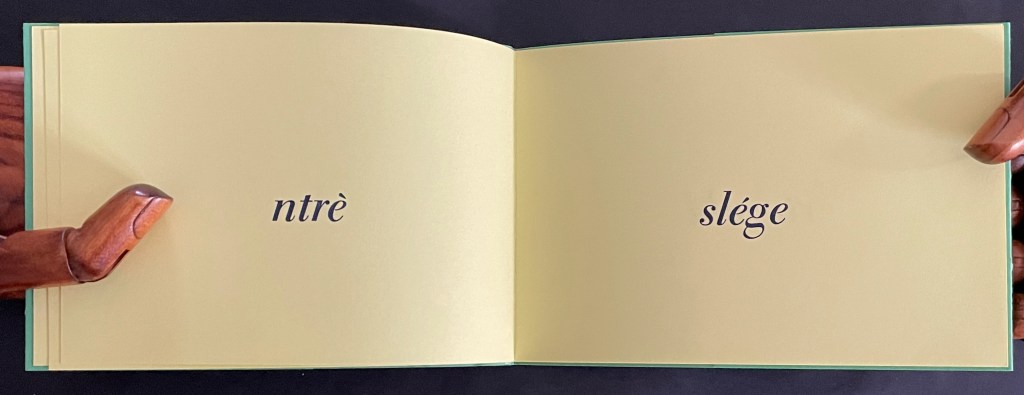 An open book displaying two pages with the words 'ntrè' and 'slégé' printed in elegant font on a soft yellow background.