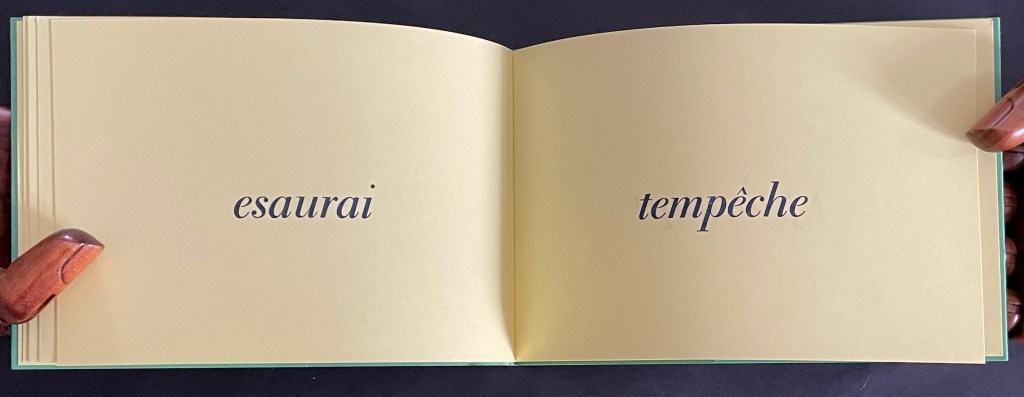A close-up of an open book with two pages displaying the words 'esaurai' and 'tempêche' in elegant typography on a pale yellow background.