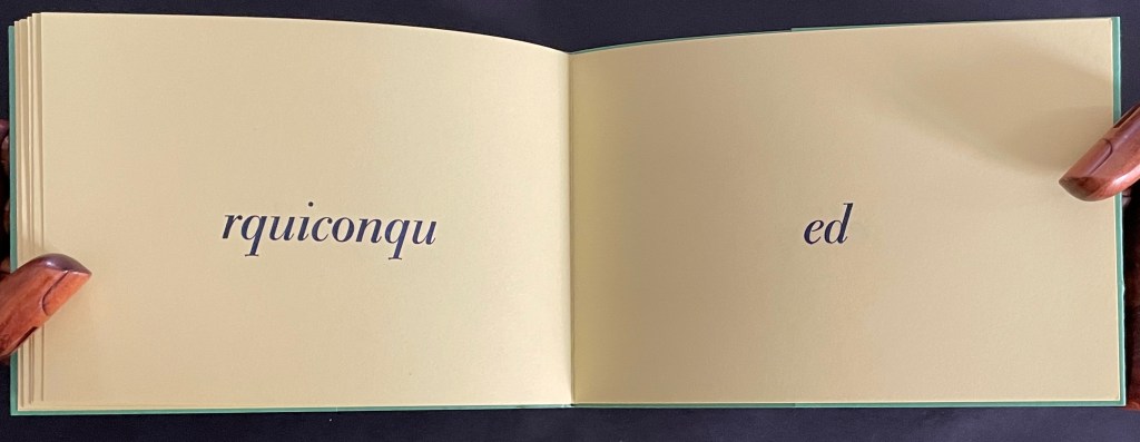 A book spread displaying the words 'rquiconqu' and 'ed' on two pages with a light tan background.