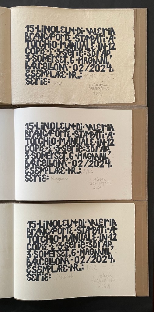 Close-up view of three pages from an artist's book featuring bold black text on textured paper, detailing a linoleum print series by Valerio Brancati, dated February 2024, with various copies and editions noted.