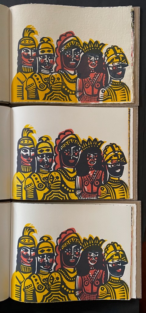 Three panels of colorful illustrations depicting stylized figures, including warriors and women, with prominent facial features and traditional clothing.