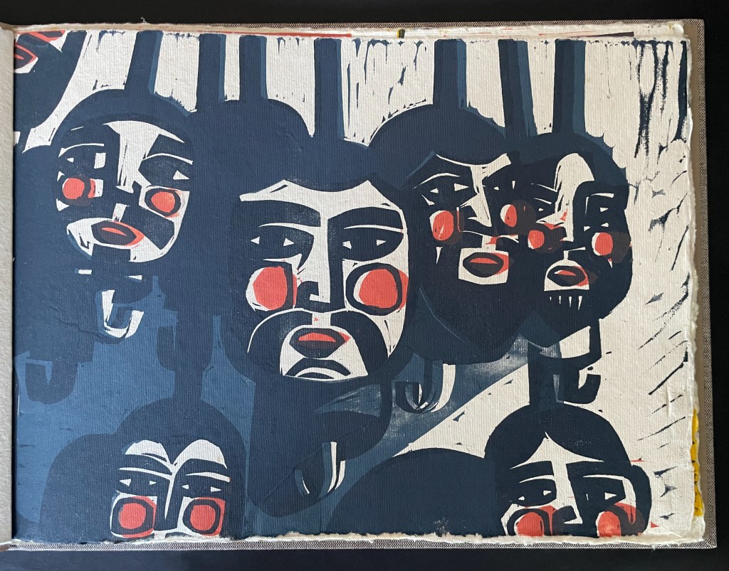A stylized illustration of several faces, featuring bold features and bright red cheeks, against a dark blue background.