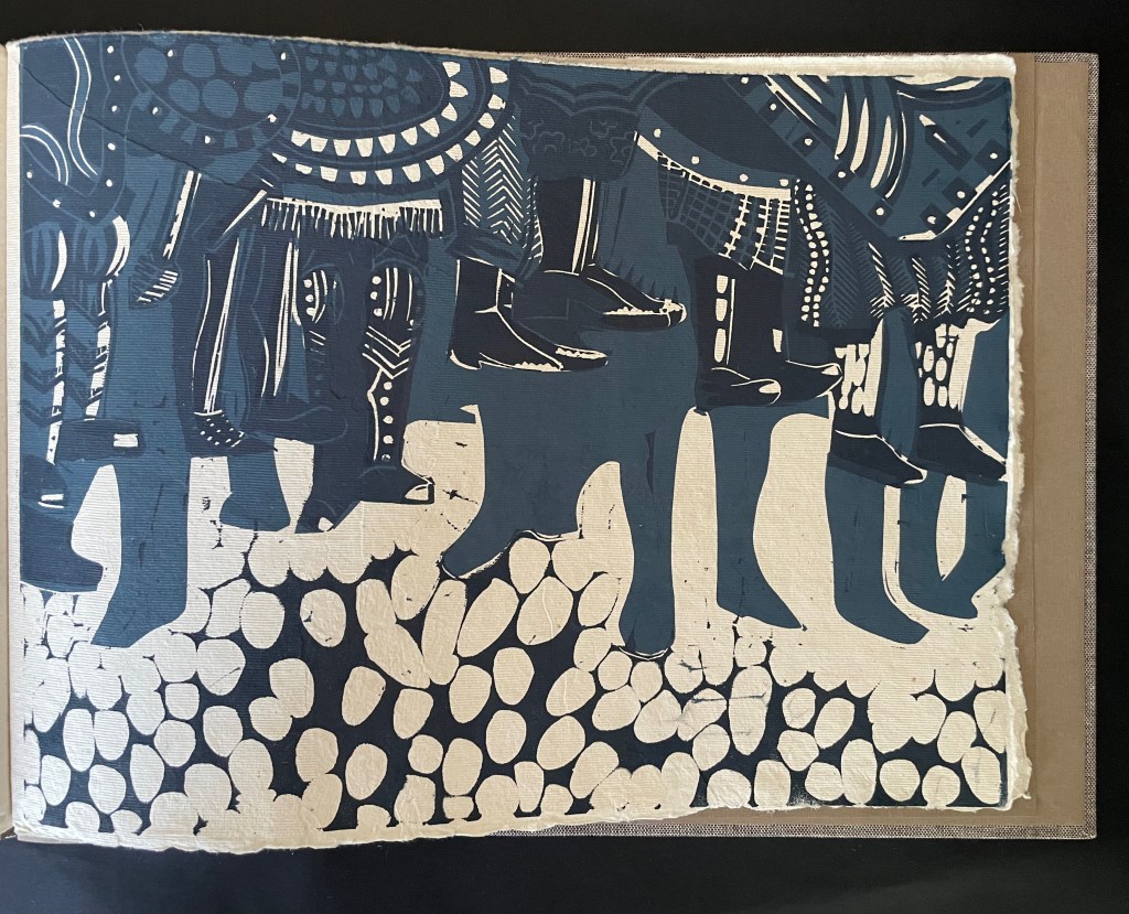 Artistic depiction of abstract figures with intricate designs in blue and white, showcasing legs and feet against a textured background.