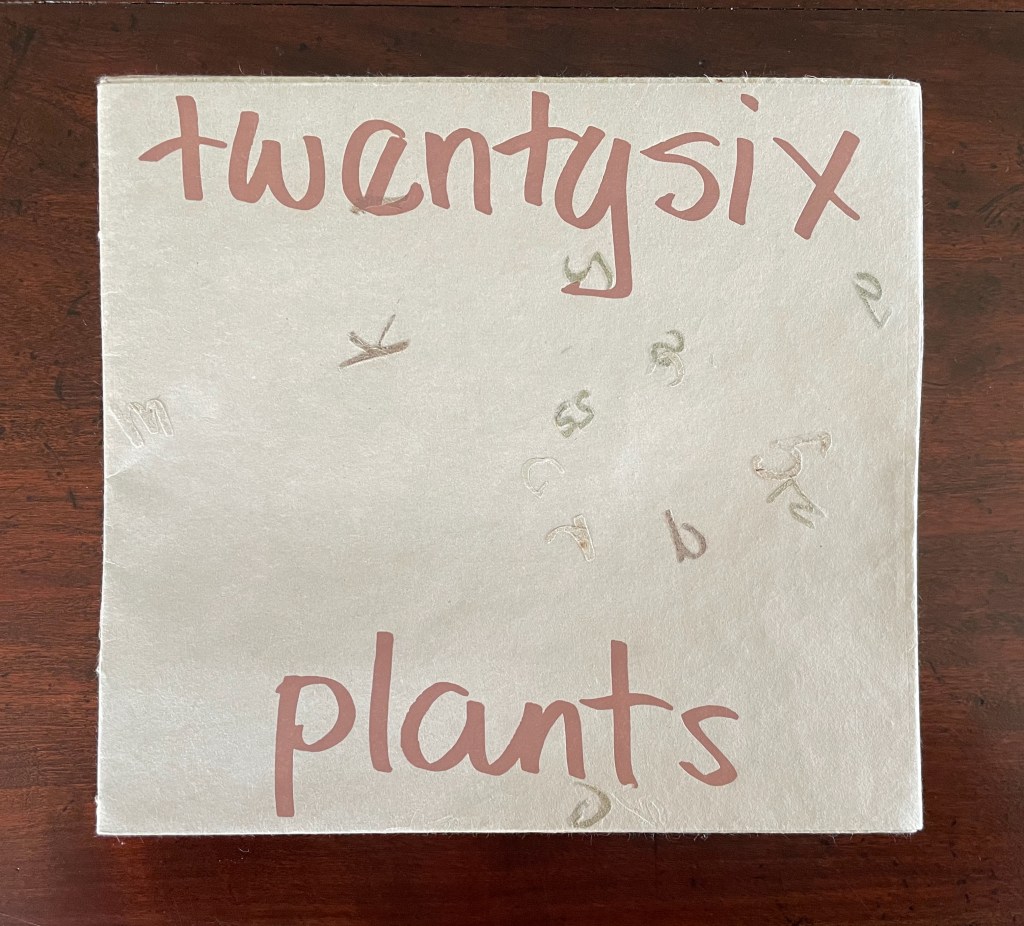 A textured piece of paper with the words 'twentysix' written in large pink letters at the top and 'plants' in a similar style at the bottom, surrounded by faint marks.