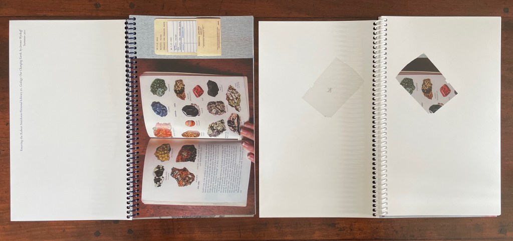 An open spiral-bound book displaying images of various minerals and gemstones on the left page, with a blank right page featuring a cut-out revealing part of the left page.