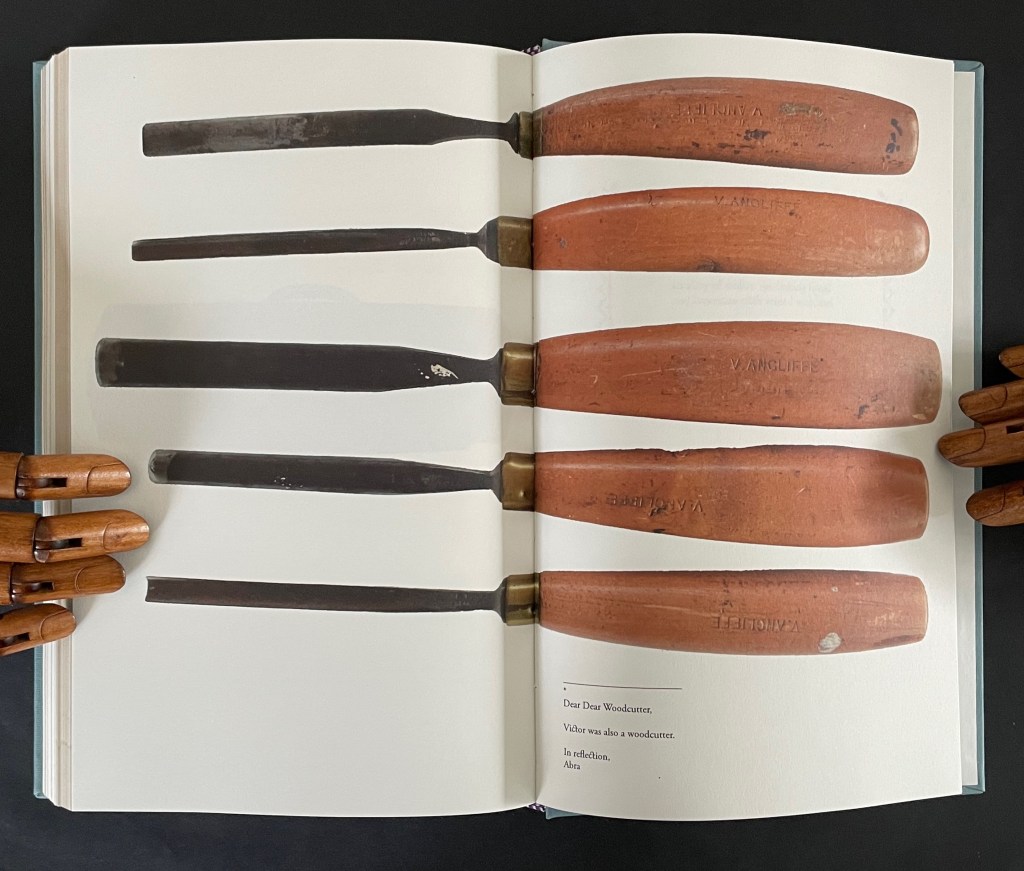 A close-up view of wooden-handled wood chisels arranged on a page of an open book, with hands partially visible holding the book. The chisels have visible markings and varying shapes.