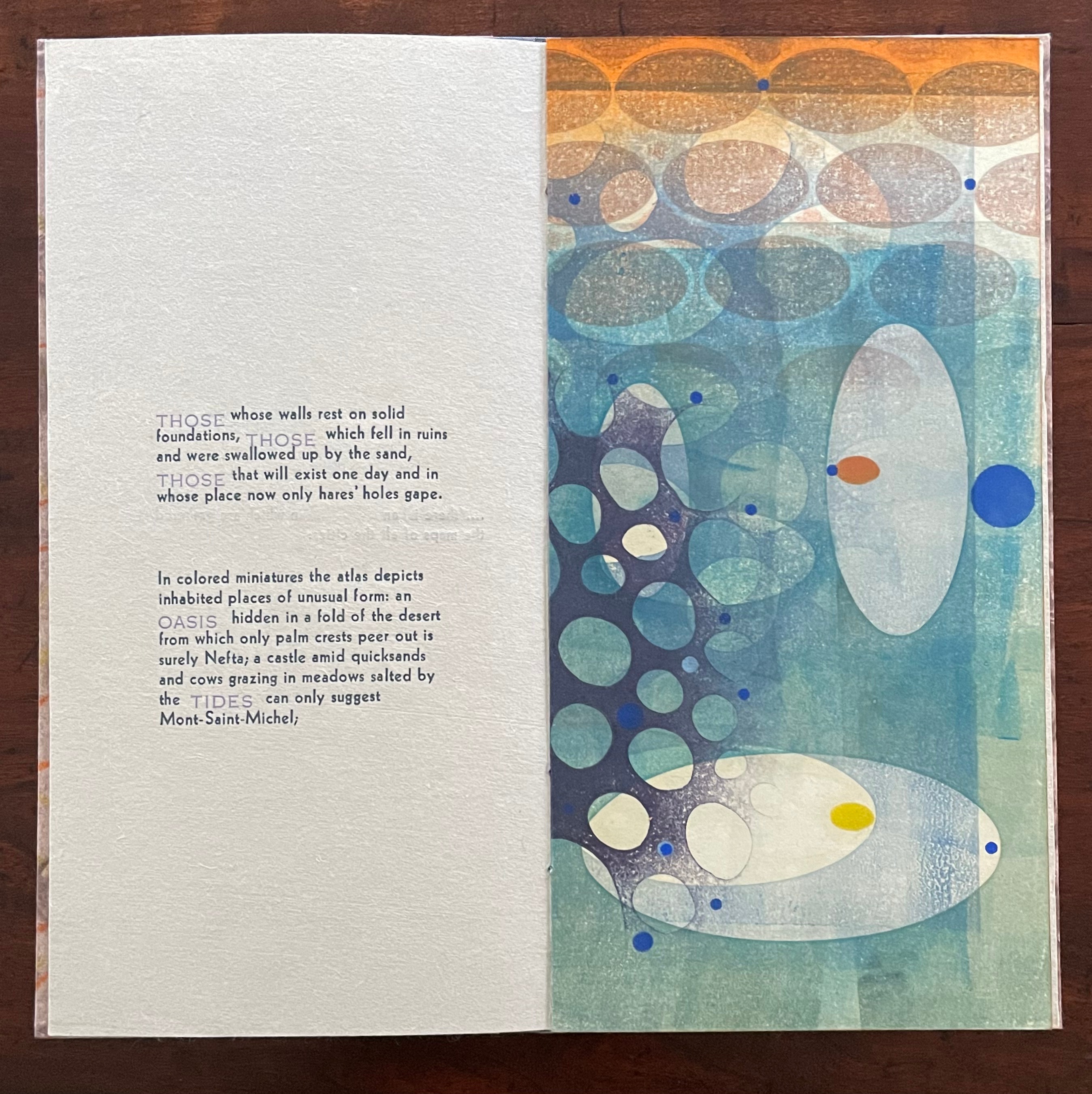 A page from a book featuring abstract artwork with various circular shapes and colors, accompanied by a poetic text discussing themes of foundations, ruins, and unusual landscapes.