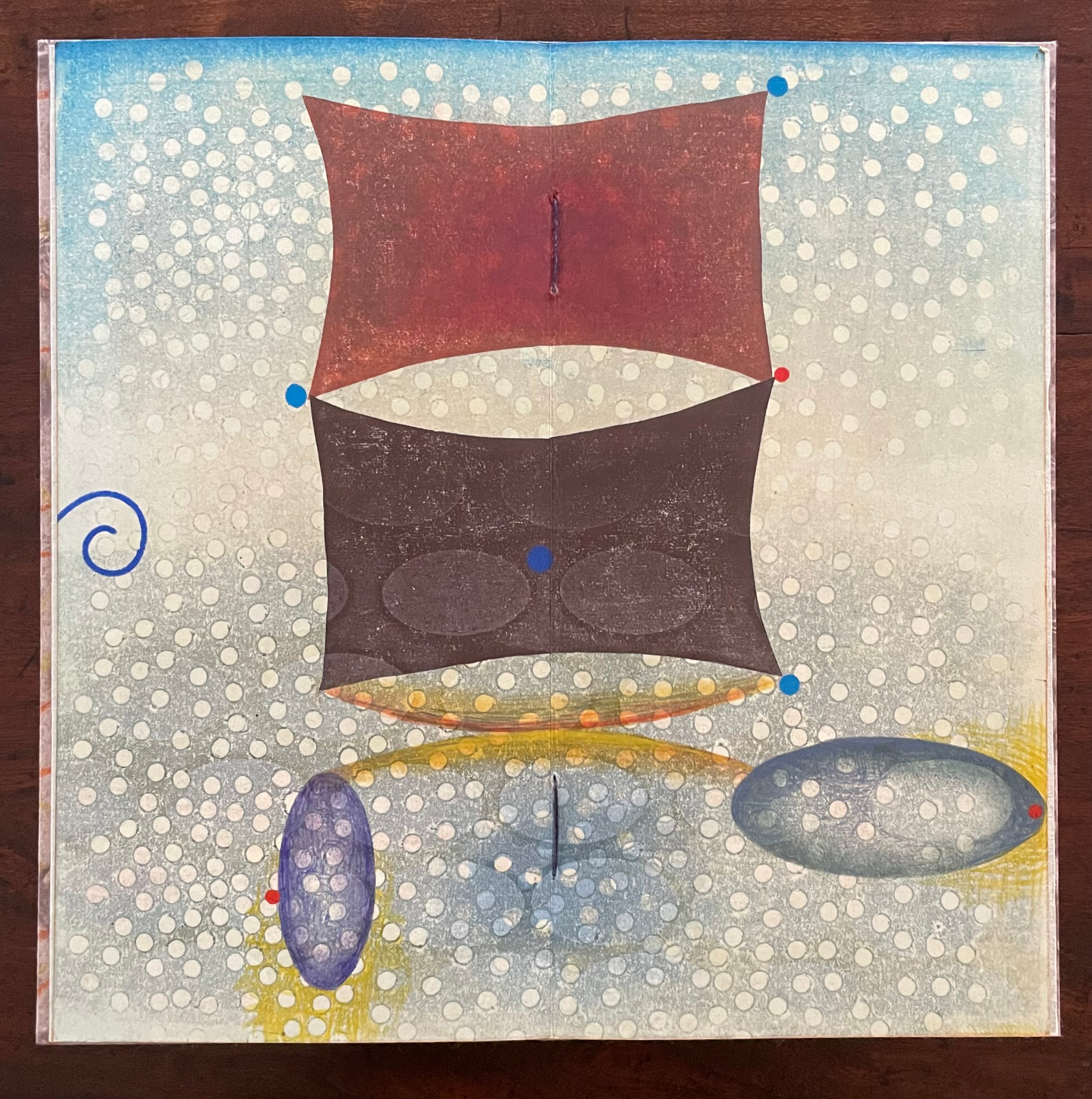 Abstract artwork featuring colorful shapes and patterns on a textured background with dotted details.