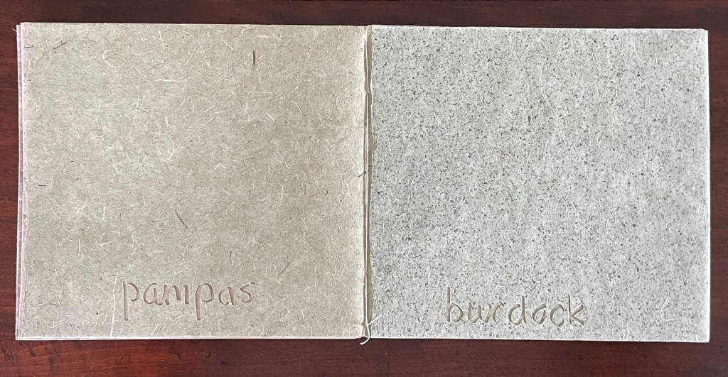 Two textured paper sheets side by side, one labeled 'pampas' and the other 'burdock', on a wooden surface.