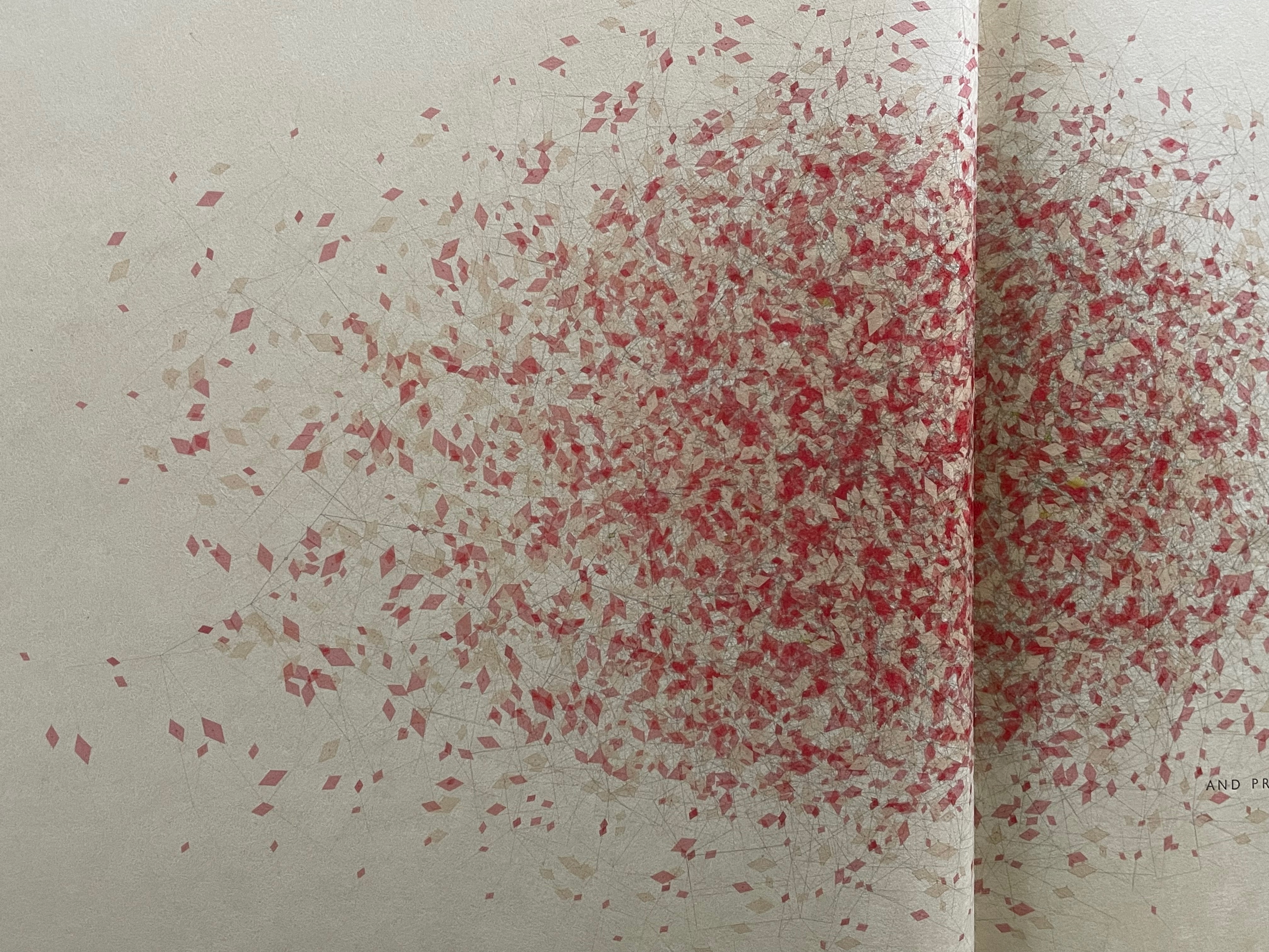 A textured background with a swirl of red and beige diamond-shaped motifs, creating an abstract pattern that disperses outward from the center.