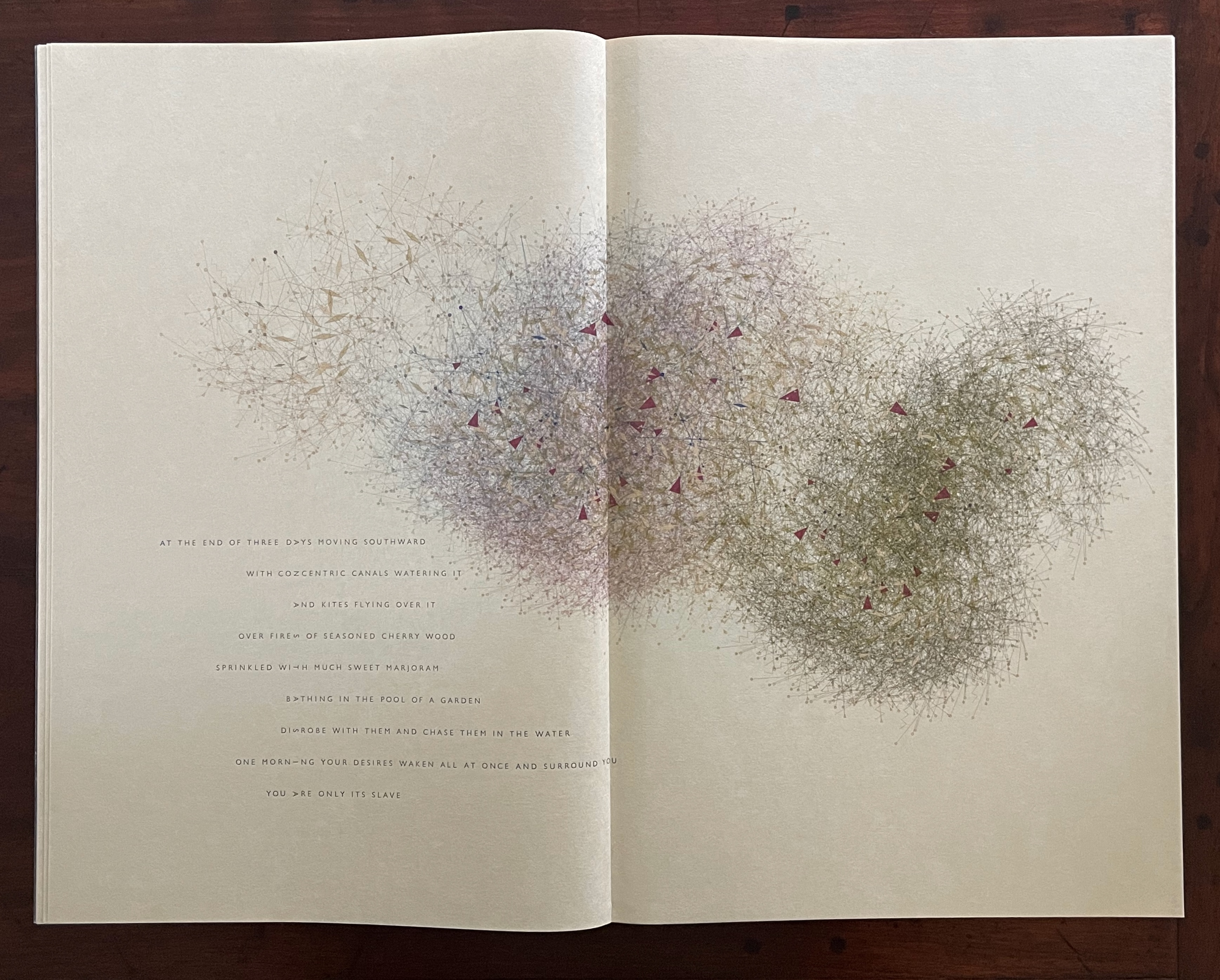 An open book page featuring an abstract illustration of interconnected lines and shapes, with text prominently displayed in a poetic format.