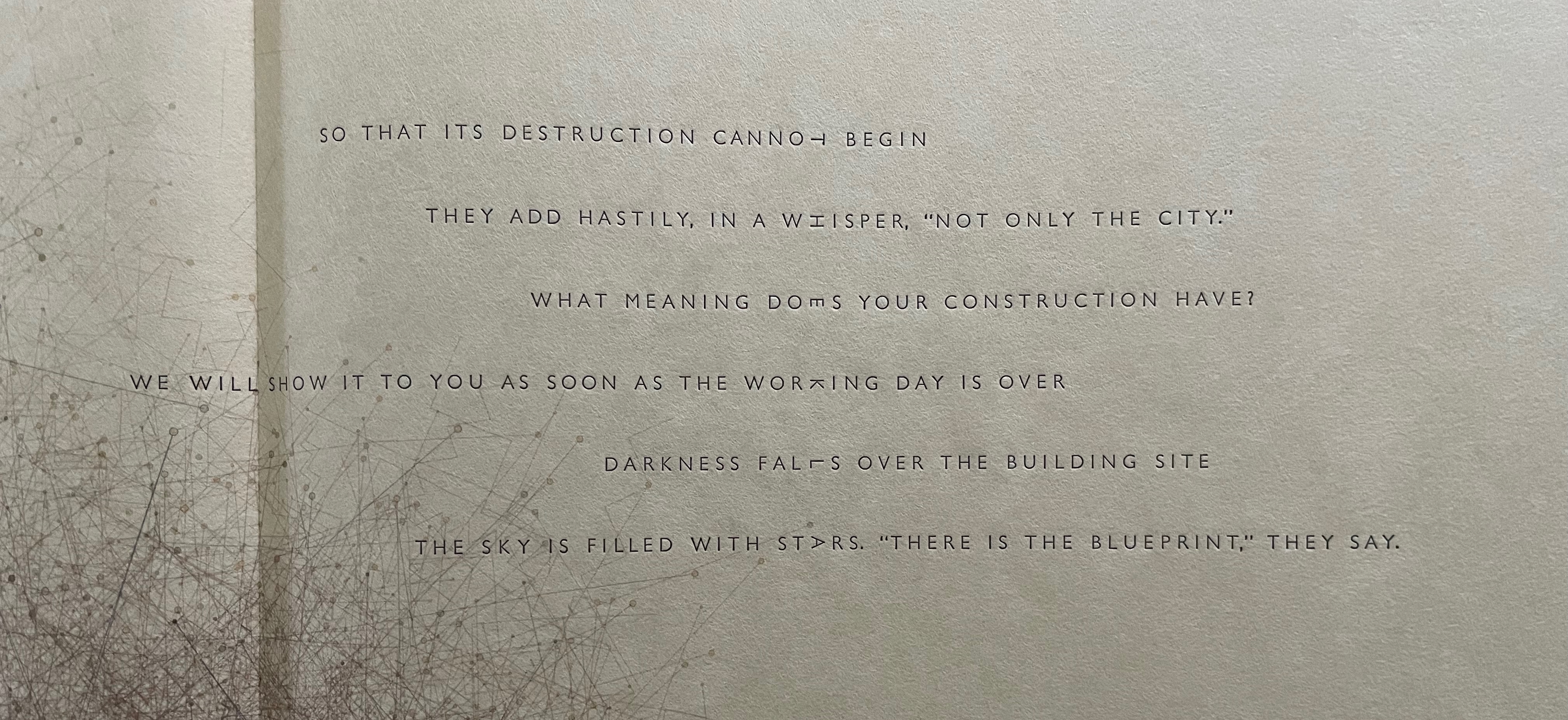 A textured paper background with printed text featuring phrases about construction, darkness, and blueprints.