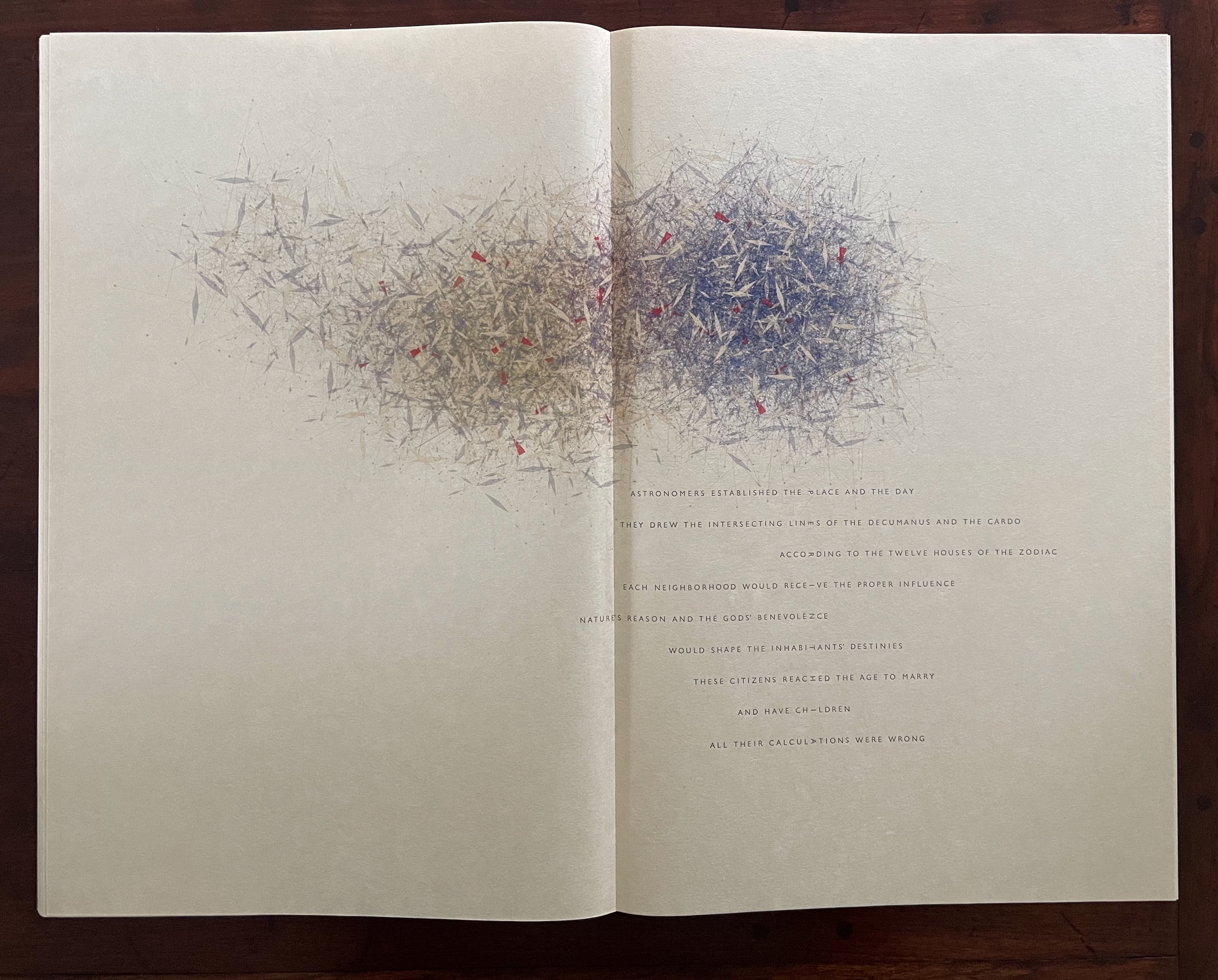 An open book page displaying artistic text and abstract illustrations, featuring a mix of blue, gray, and red elements with a background of beige. The text discusses astronomers, neighborhoods, influence, and destiny.