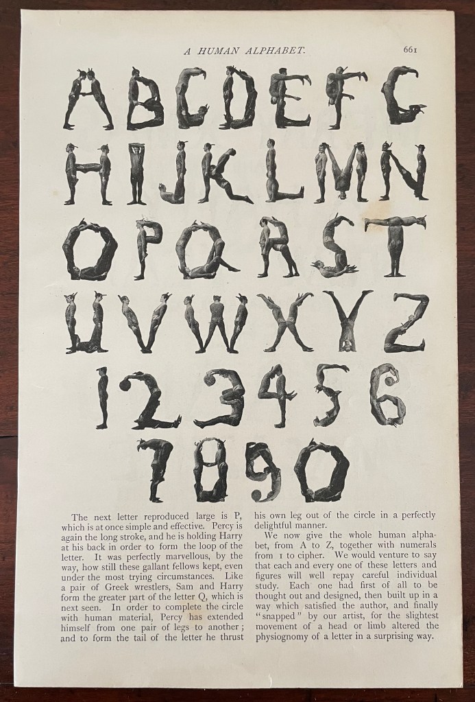 An illustration of a human alphabet featuring people posed to form letters A to Z and numbers 0 to 9.