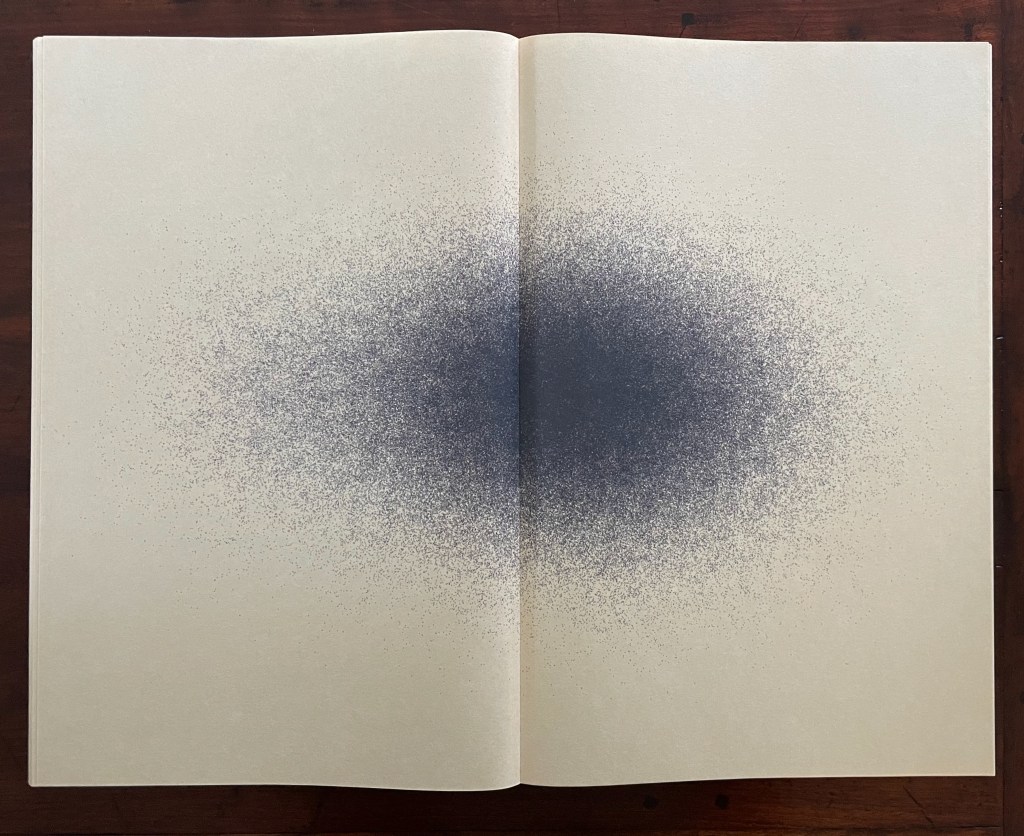 Open book with two pages displaying a gradient of dark blue dots that gradually disperse towards the edges.