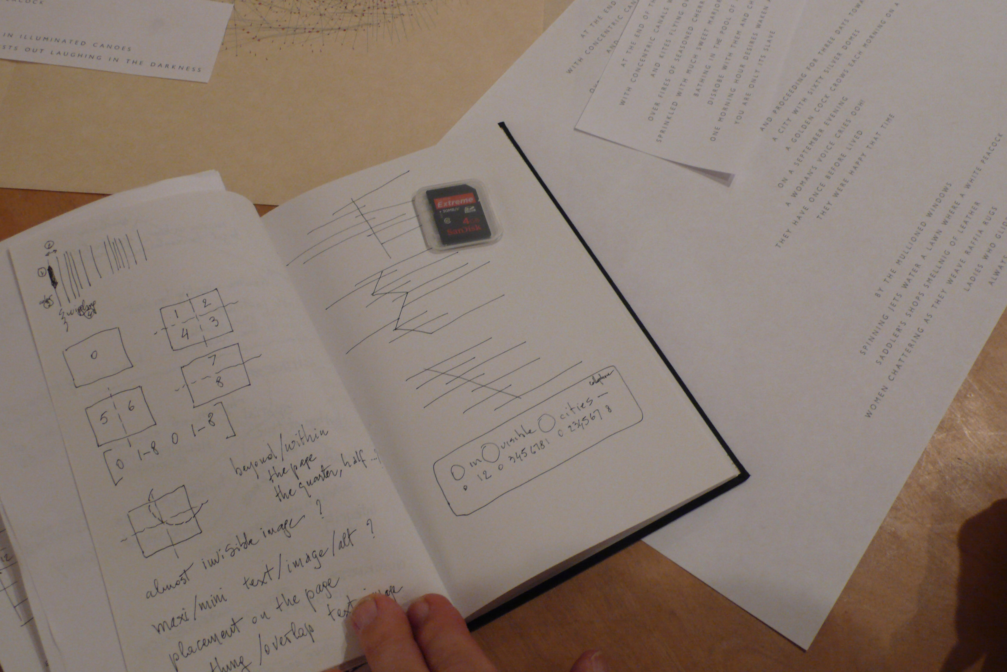 An open notebook with handwritten notes, sketches, and diagrams, alongside an SD card, placed on a wooden table. Several printed sheets are visible in the background.