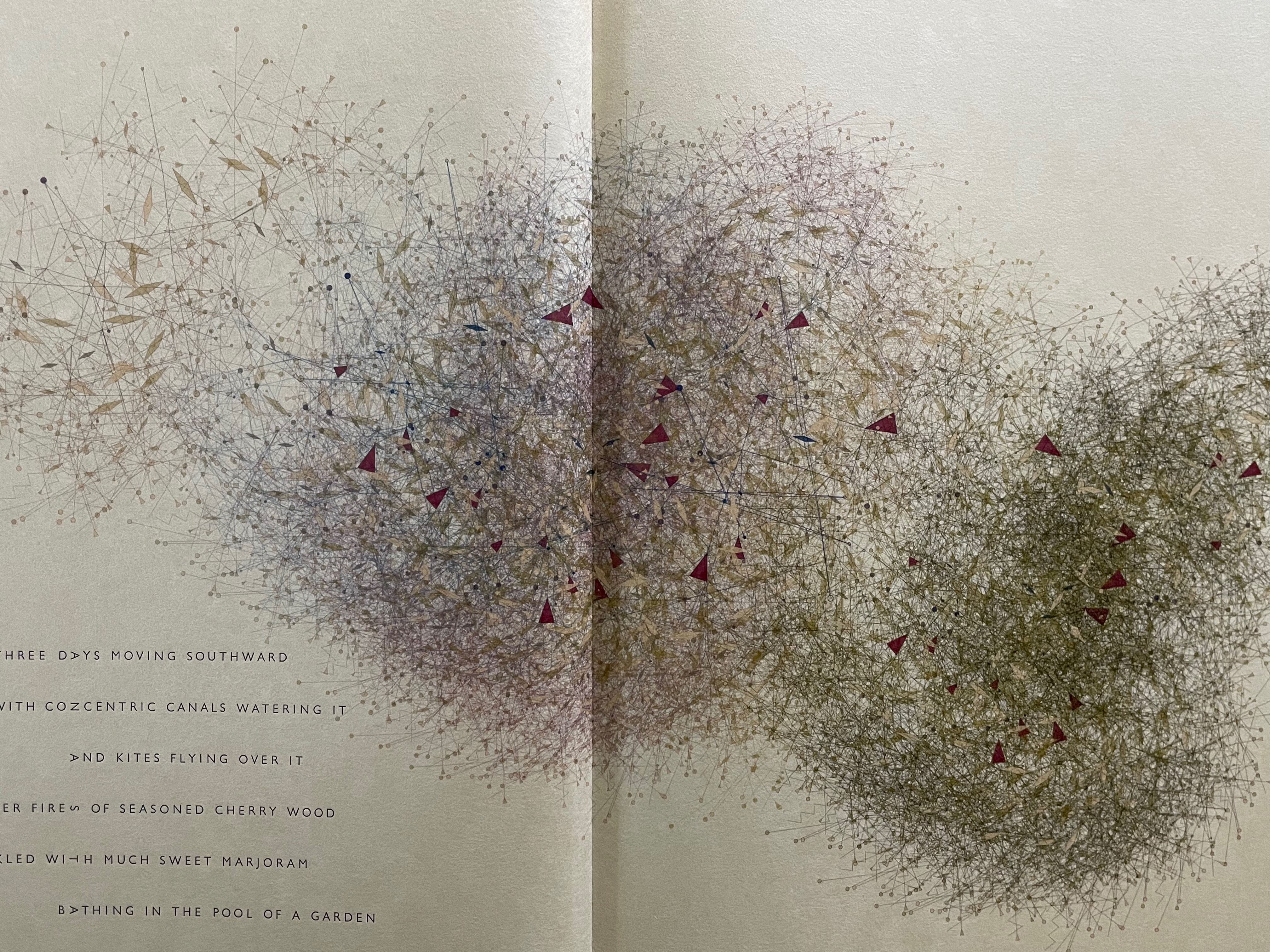 An abstract illustration featuring a network of colorful geometric shapes and lines on a light background, accompanied by fragmented poetic text.