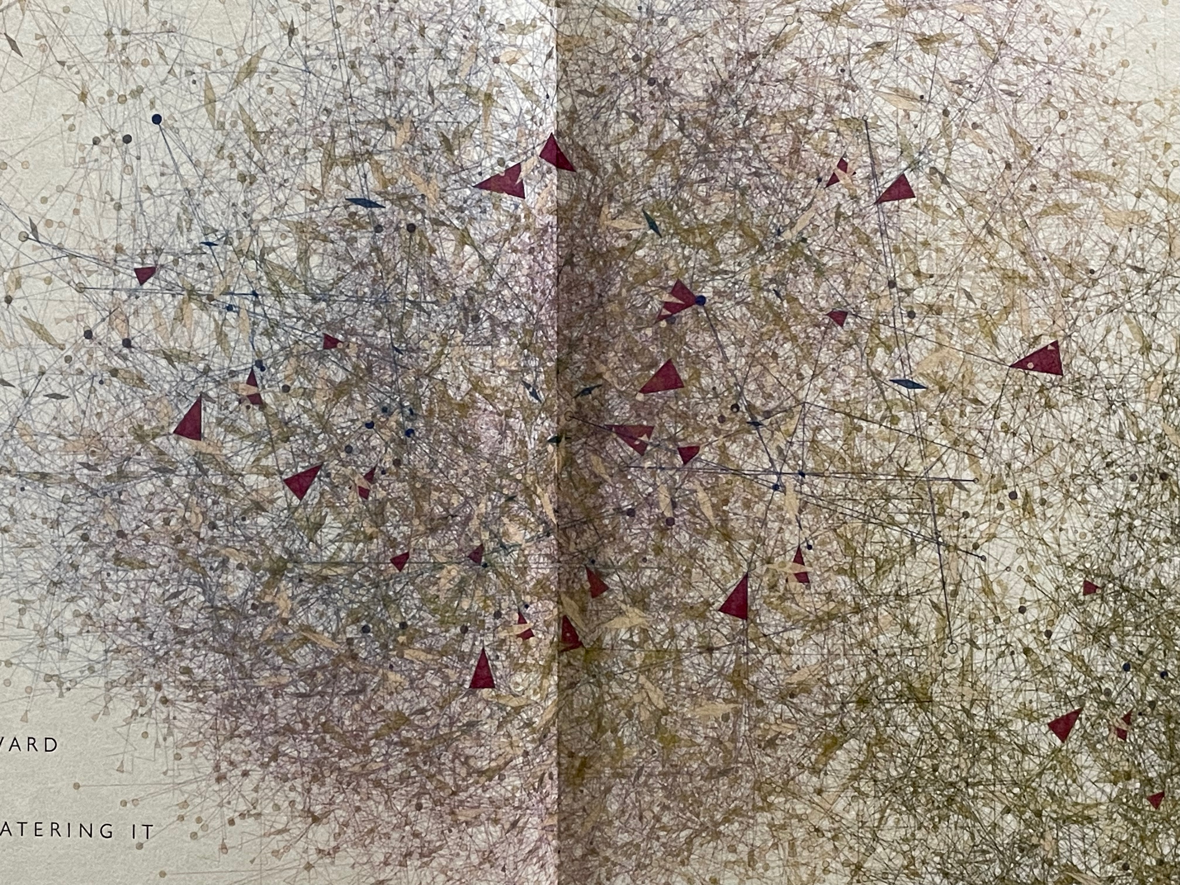 An abstract visual representation featuring numerous interconnected lines, small dots, and triangular shapes in shades of red, blue, and brown, creating a complex network pattern against a light background.