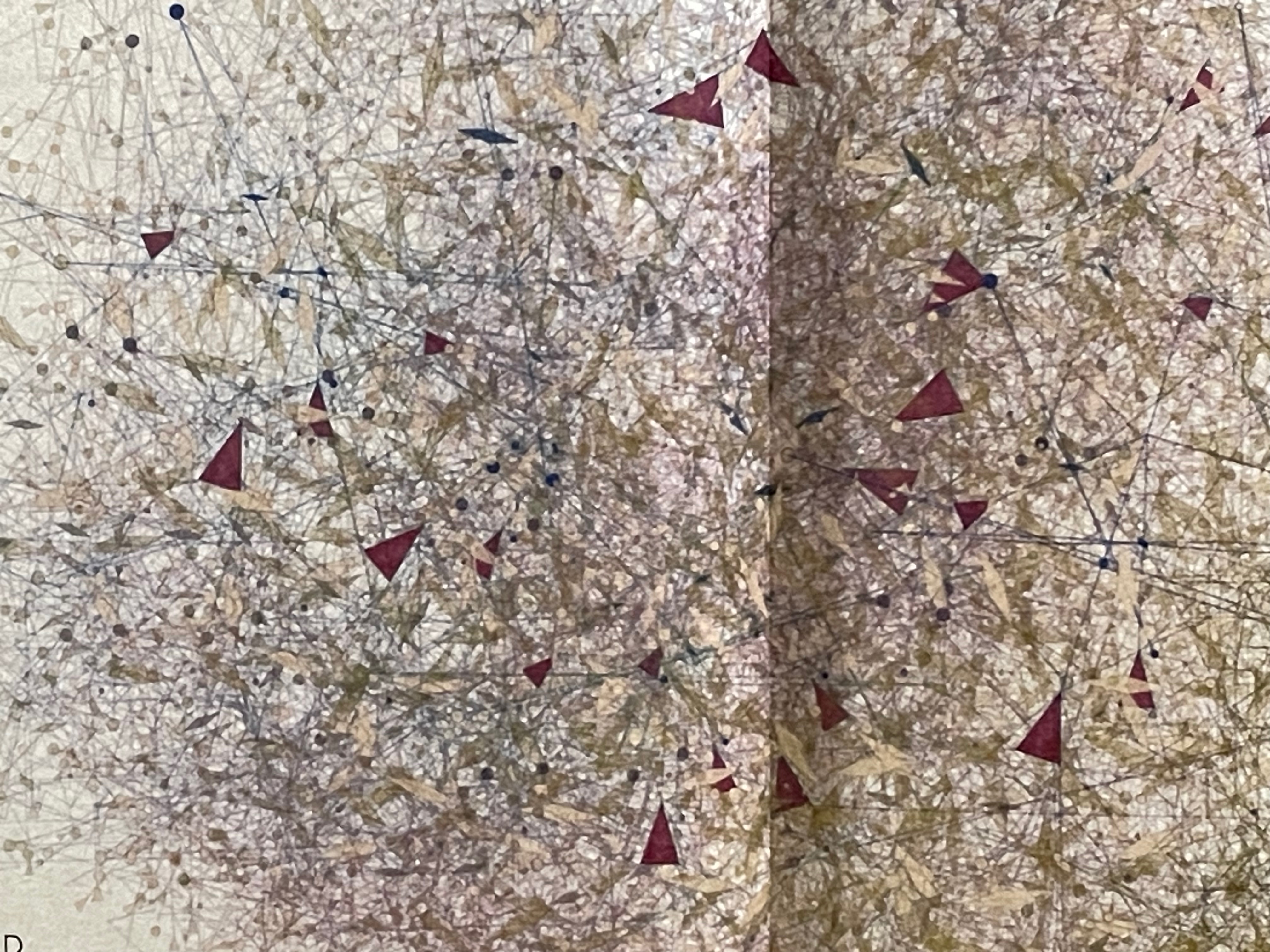 An abstract artwork featuring a network of interconnected lines, dots, and triangular shapes in shades of red, blue, and beige.